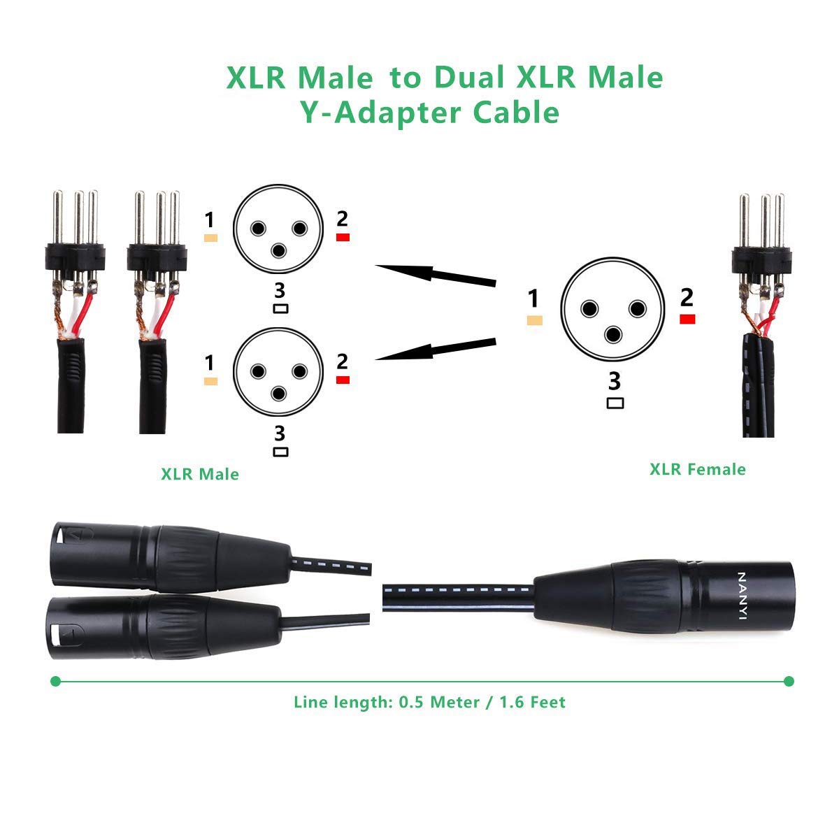 Premium XLR to XLR Microphone Cable - 3-Pin Male to Male DMX Patch Cord with Oxygen-Free Copper (1.6 Feet) - Ideal for Studio Recording, Live Performances & DJ Equipment