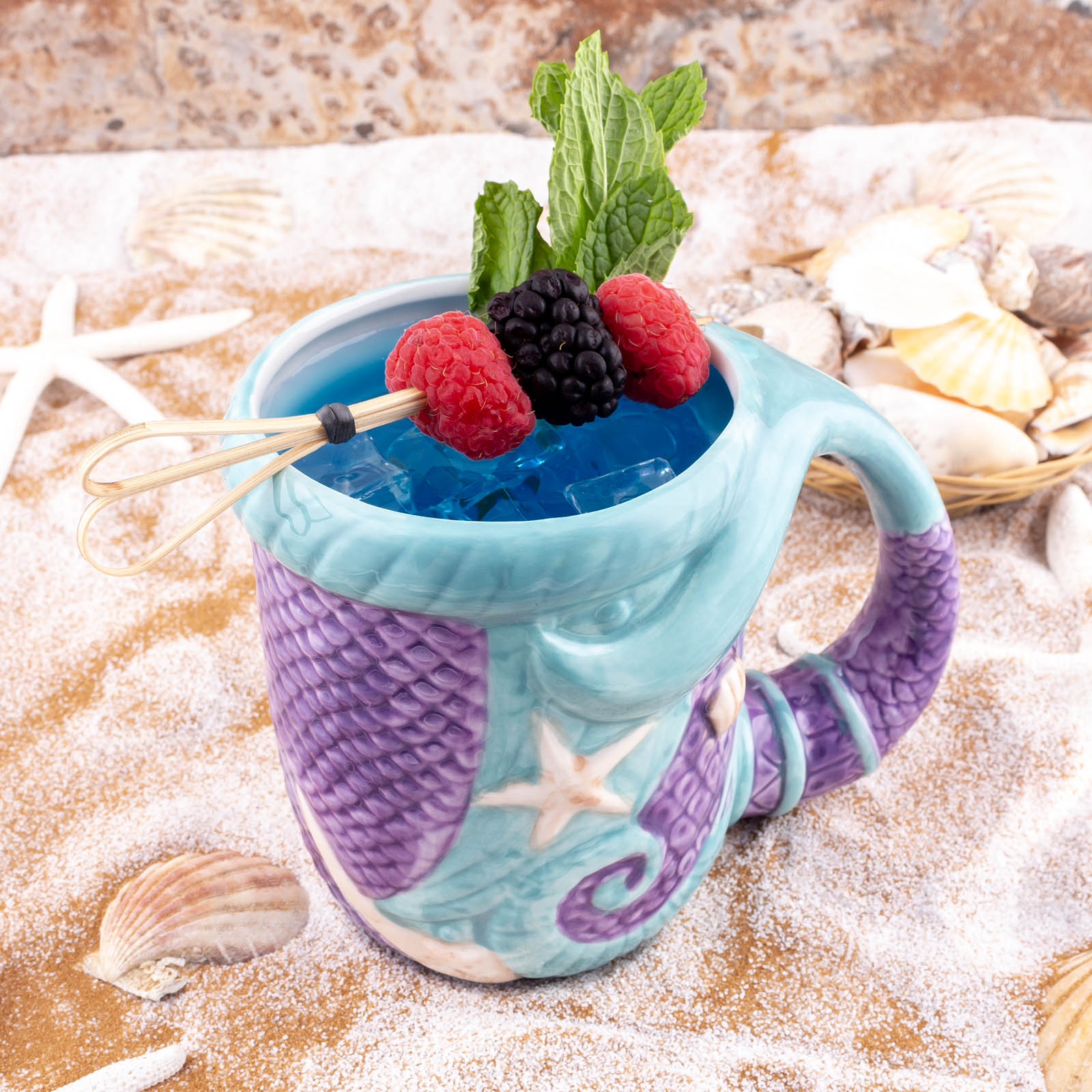 BarConic® Tiki Mermaid Tail Mug - 16 oz Ceramic Tropical Drinkware for Cocktails, Juice & Iced Coffee - Perfect for Beach Parties, Luau Themed Events & Summer Decor