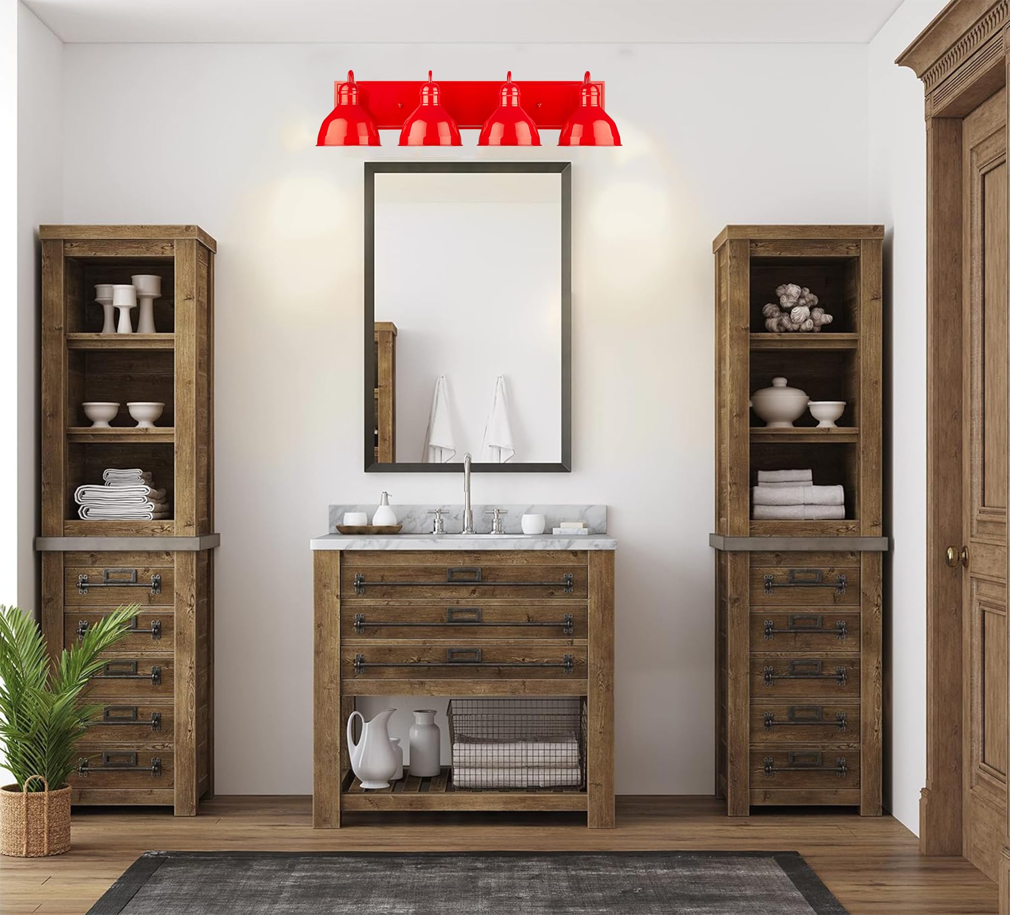 Modern Farmhouse Barn Light Fixture - 4-Light Glossy Red Metal Wall Sconce for Bathroom Vanity, Bedroom & Entryway Lighting | Rustic Industrial Ceiling/Wall Mount Lamp for Home Decor