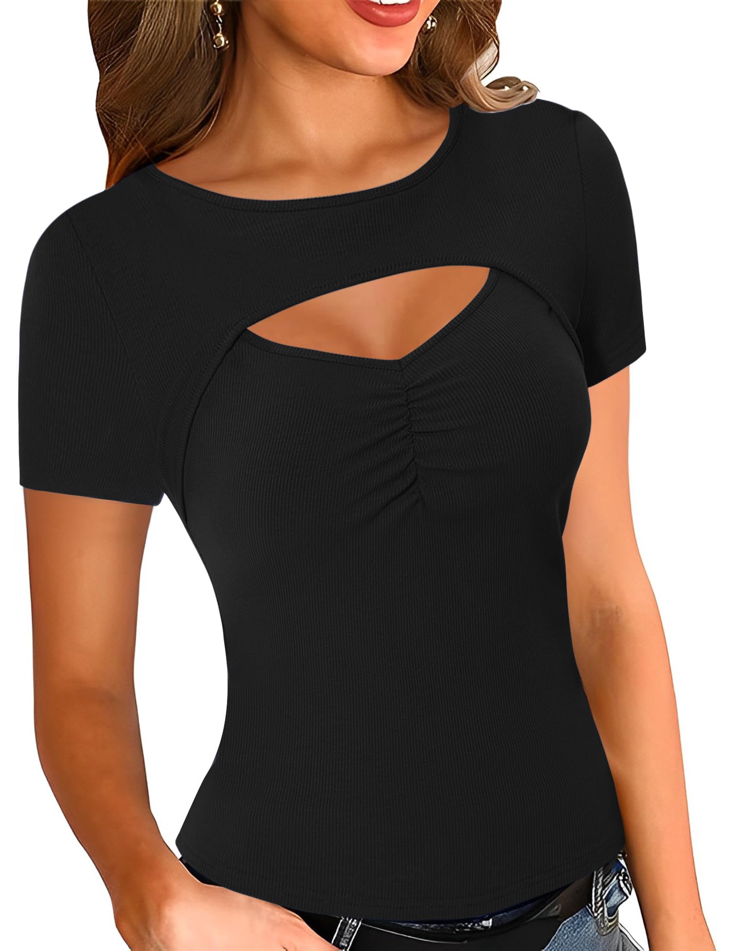 KTILG Women's Sexy Ribbed Knit Slim Fitted Cut Out Front Short Sleeve T-Shirt - S-XXL | Perfect for Casual Outings, Date Nights & Summer Fashion