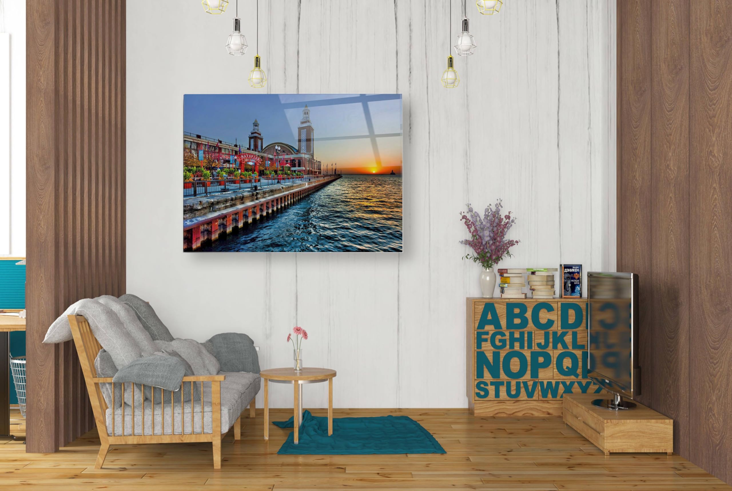 Epic Art 'Sunrise at the Pier' - 24x36 Inch Acrylic Glass Wall Painting, Modern Coastal Home Decor for Living Room, Bedroom & Office