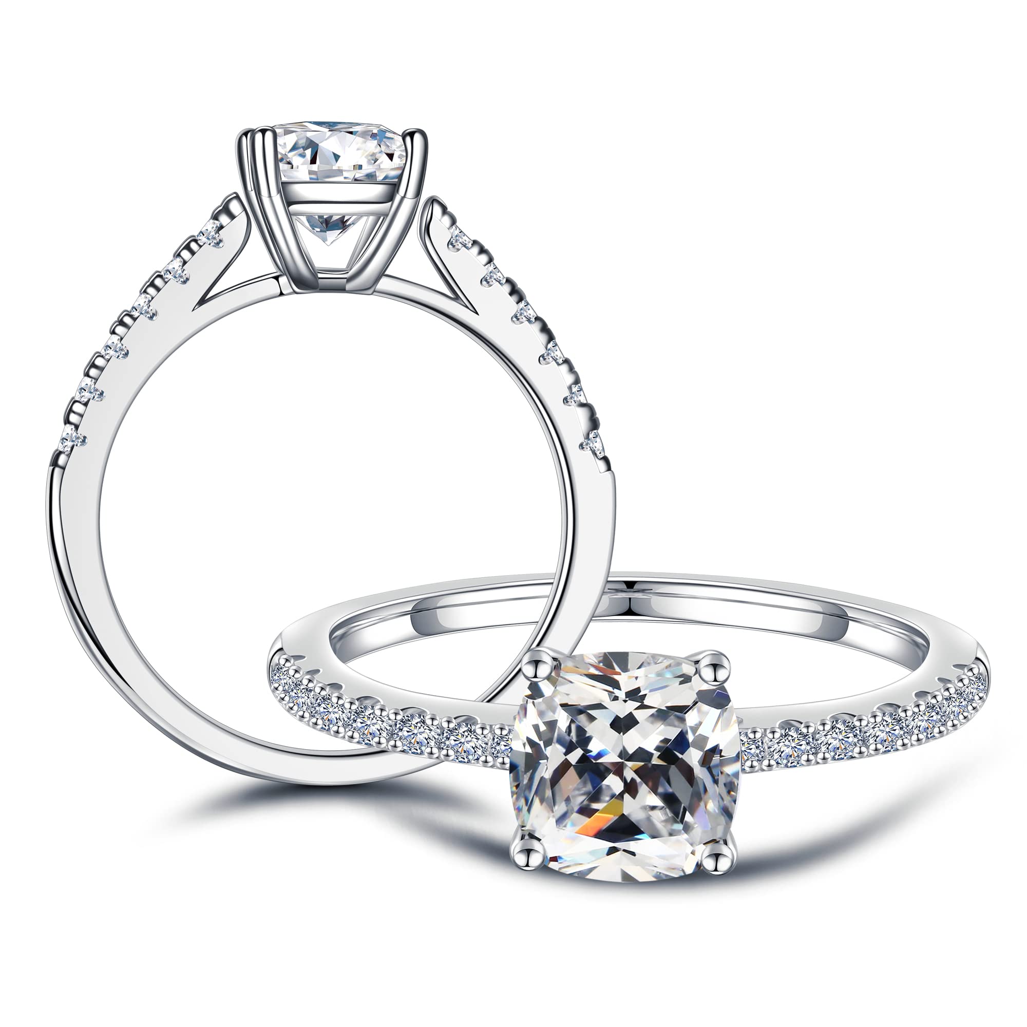 1.5ct Cushion Cut D Color VVS1 Clarity Lab Created Moissanite Engagement Ring for Women - 18K White Gold Plated Sterling Silver with Side Stones, Perfect Wedding Proposal, Anniversary & Valentine's Day Gift for Wife, Bridal Jewelry for Special Occasions