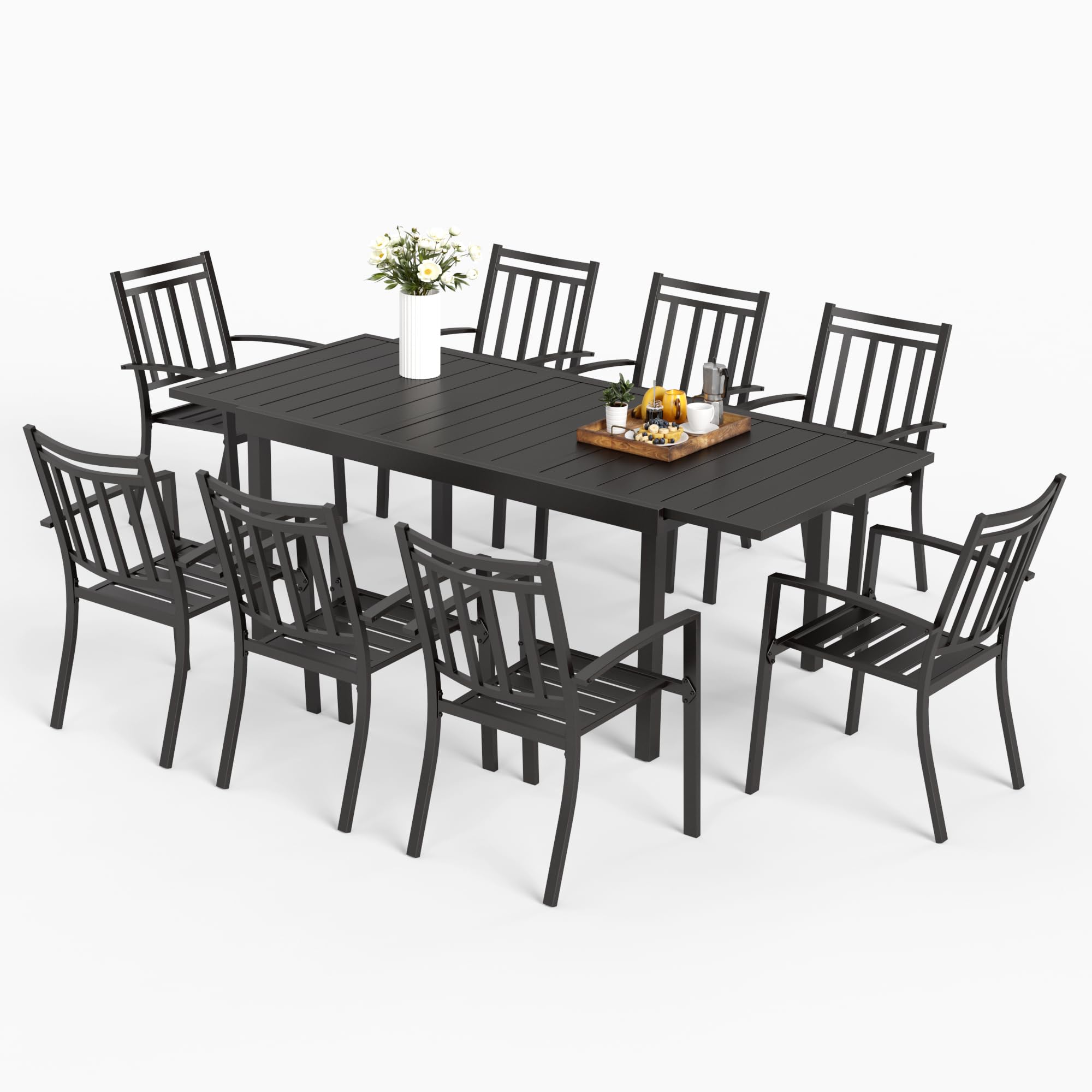 MFSTUDIO 9-Piece Outdoor Patio Dining Set - 8 Stackable Metal Armchairs & 1 Square Table - Durable Garden Furniture for Backyard, Lawn, Poolside & BBQ Parties