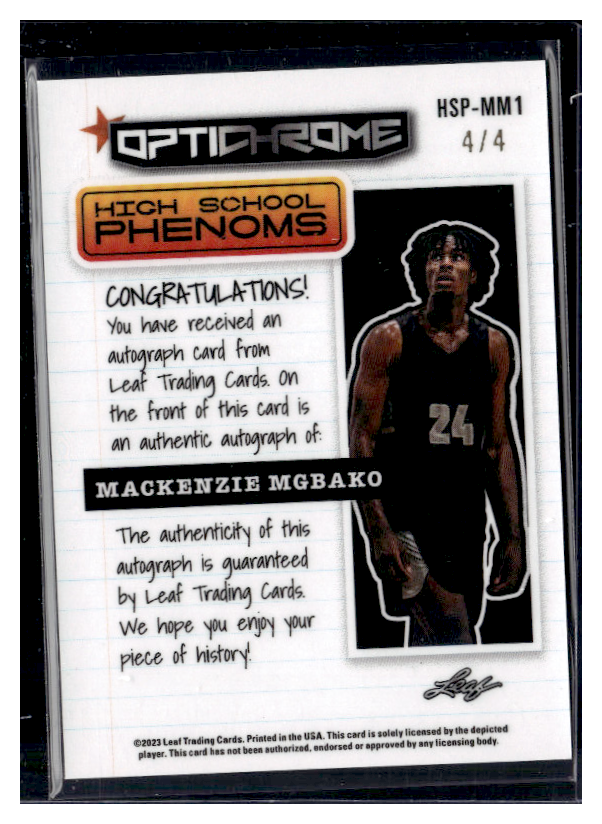 2022 LEAF OPTICHROME BASKETBALL CARD - Mackenzie Mgbako High School Phenoms Autograph #HSP MM1/4 - Rare Collectible for Sports Memorabilia & Basketball Fans - Perfect for Display, Trading, and Investment