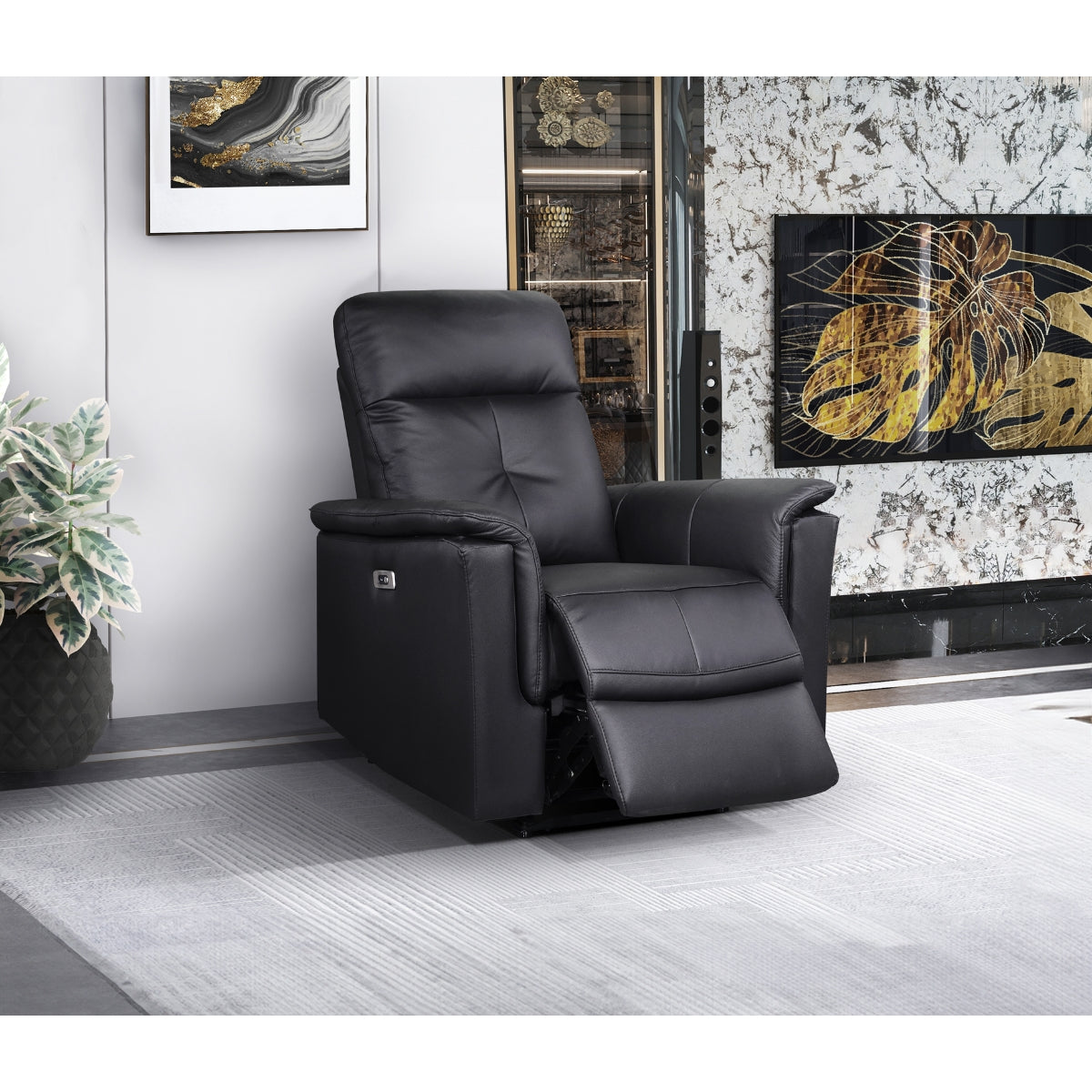 Premium Black Leather Power Recliner with USB Charging Port - Comfortable Glider Chair for Living Room, Home Theater & Office Relaxation