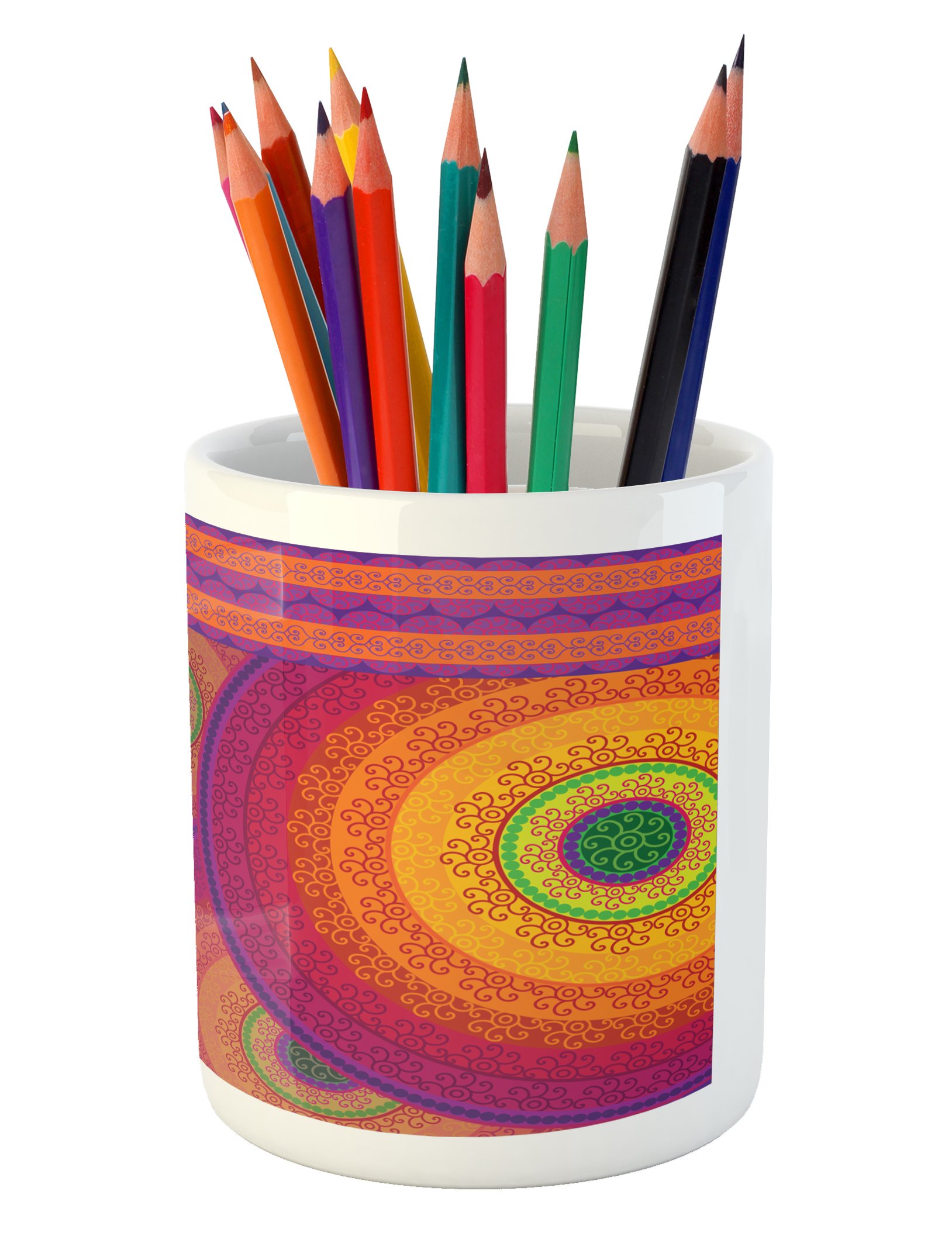 Ambesonne Oriental Ceramic Pen Holder with Colorful Mandala Design - South Folklore Inspired Bullseye Circles - Desk & Office Organizer for Pencils, Pens & Stationery - Perfect for Home Office, Study Desk & Gift Giving
