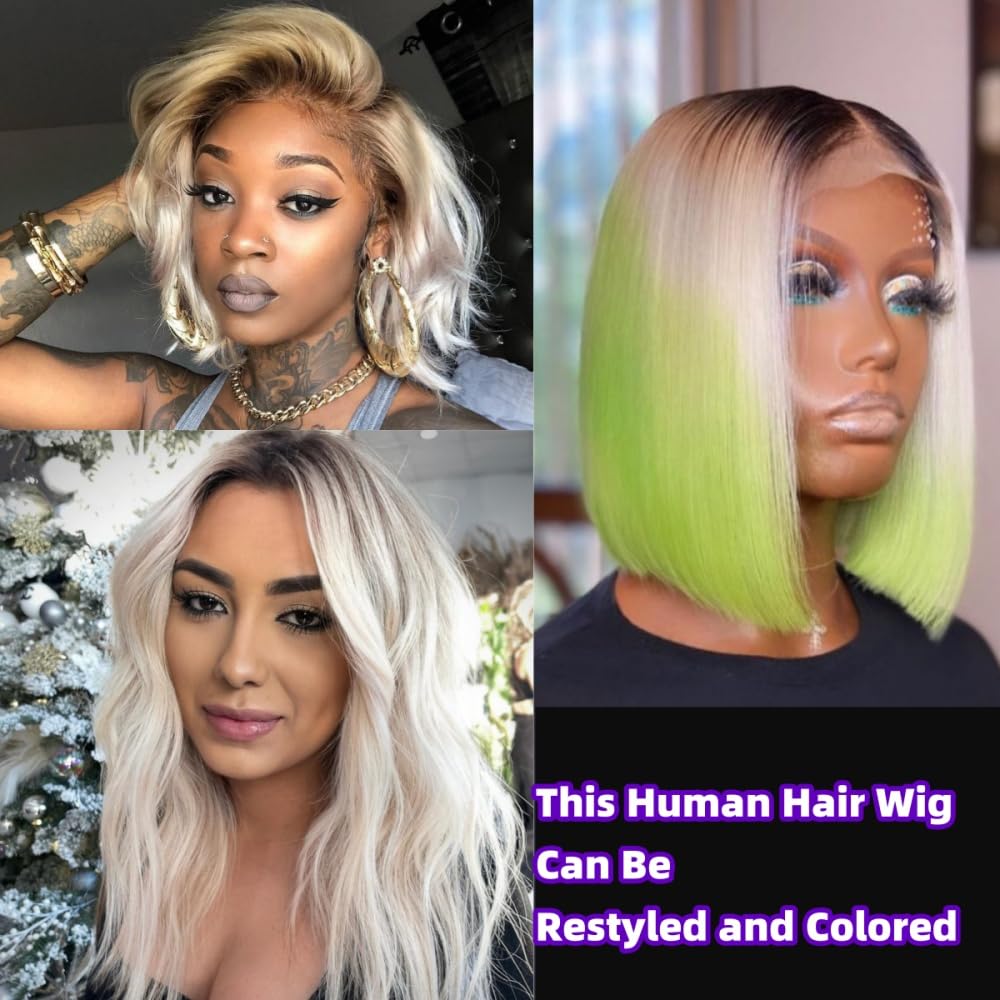 14 Inch Platinum Blonde Lace Front Human Hair Wig - Balayage Ombre Ash Blonde Bob with Dark Roots, Transparent HD Lace Frontal, Pre-Plucked Natural Hairline & Baby Hair (150% Density) | Perfect for Daily Wear, Cosplay, Parties & Special Occasions