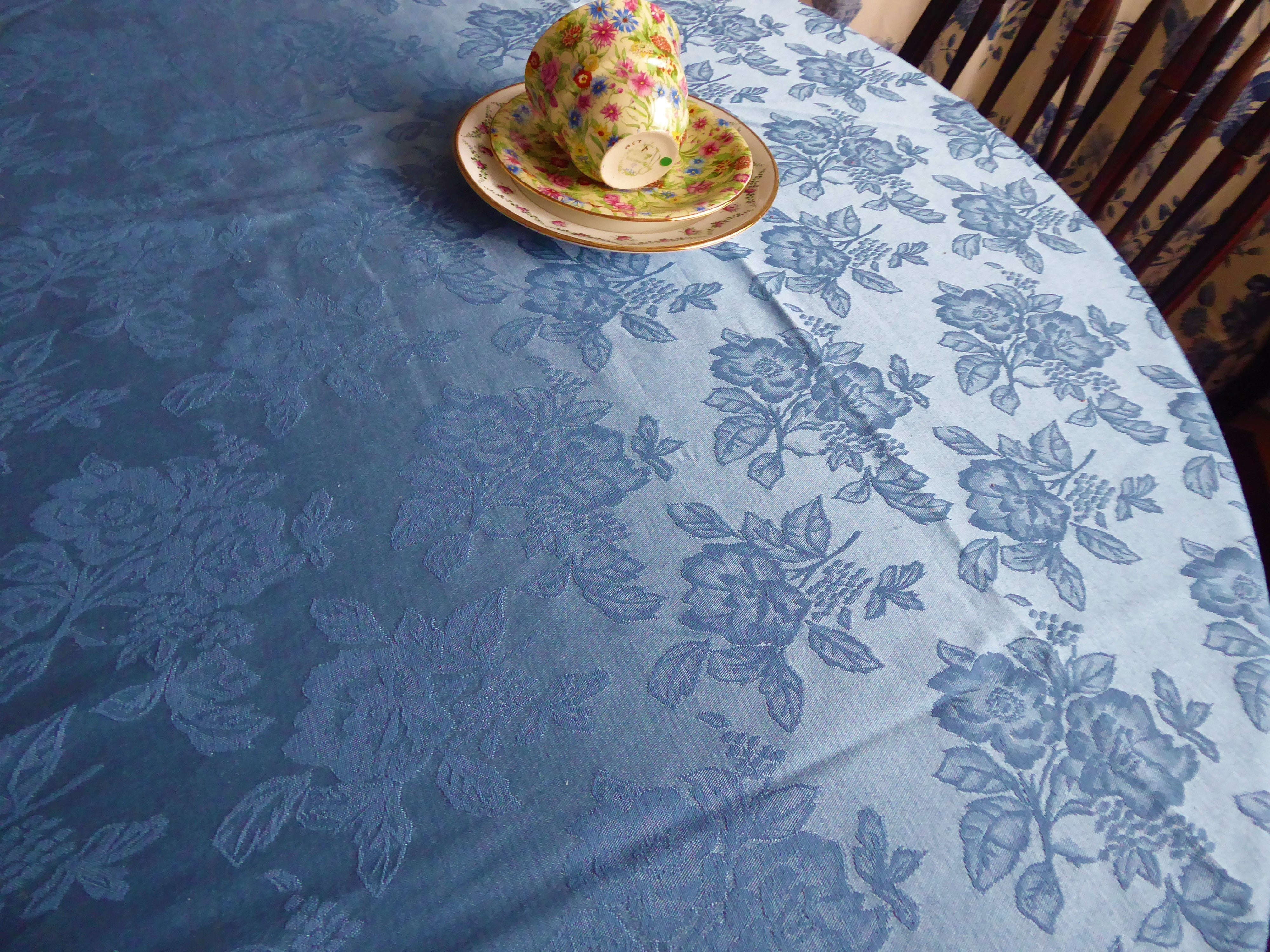 Blue Floral Damask Tablecloth 70x52 Inches - Silky Smooth Dining Table Cover for Elegant Dinner Parties, Tea Parties & Special Occasions