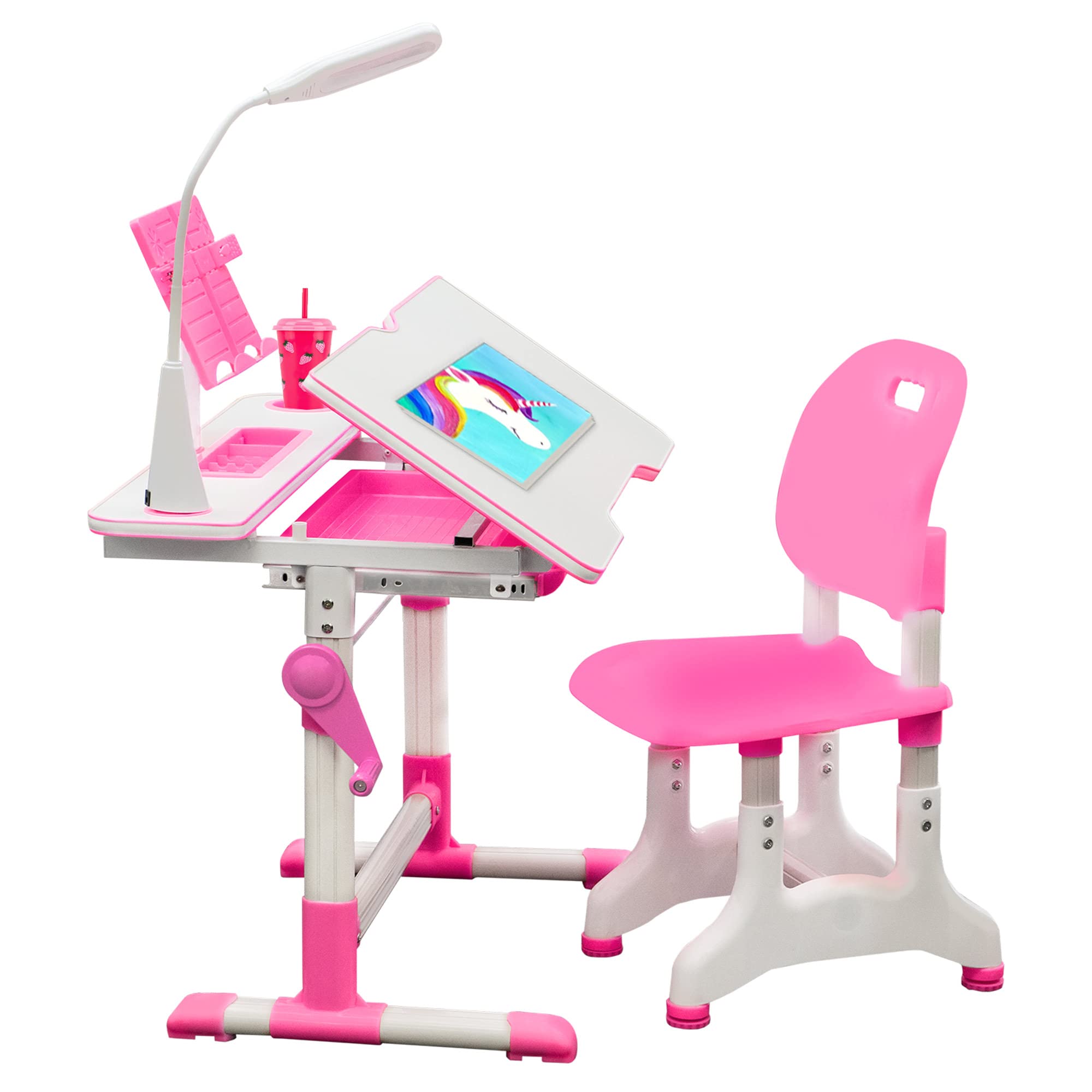 Gorilla Gadgets Kids Table and Chair Set - Adjustable Height Study Desk for Children, Includes Night Light | Perfect for Bedroom, Playroom & Homeschooling (DSK-Kids-PNK)