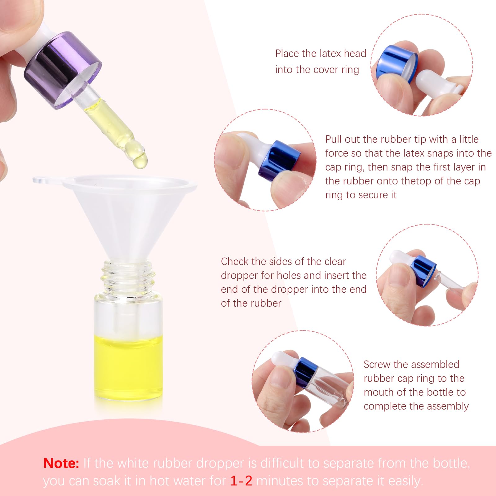18pcs 3ml Glass Dropper Bottles with Purple Blue Pink Caps - Essential Oil Bottles, Cosmetic Sample Containers with Glass Dropper Lids + Free Funnel - Perfect for DIY Essential Oils, Perfumes, and Liquid Cosmetics