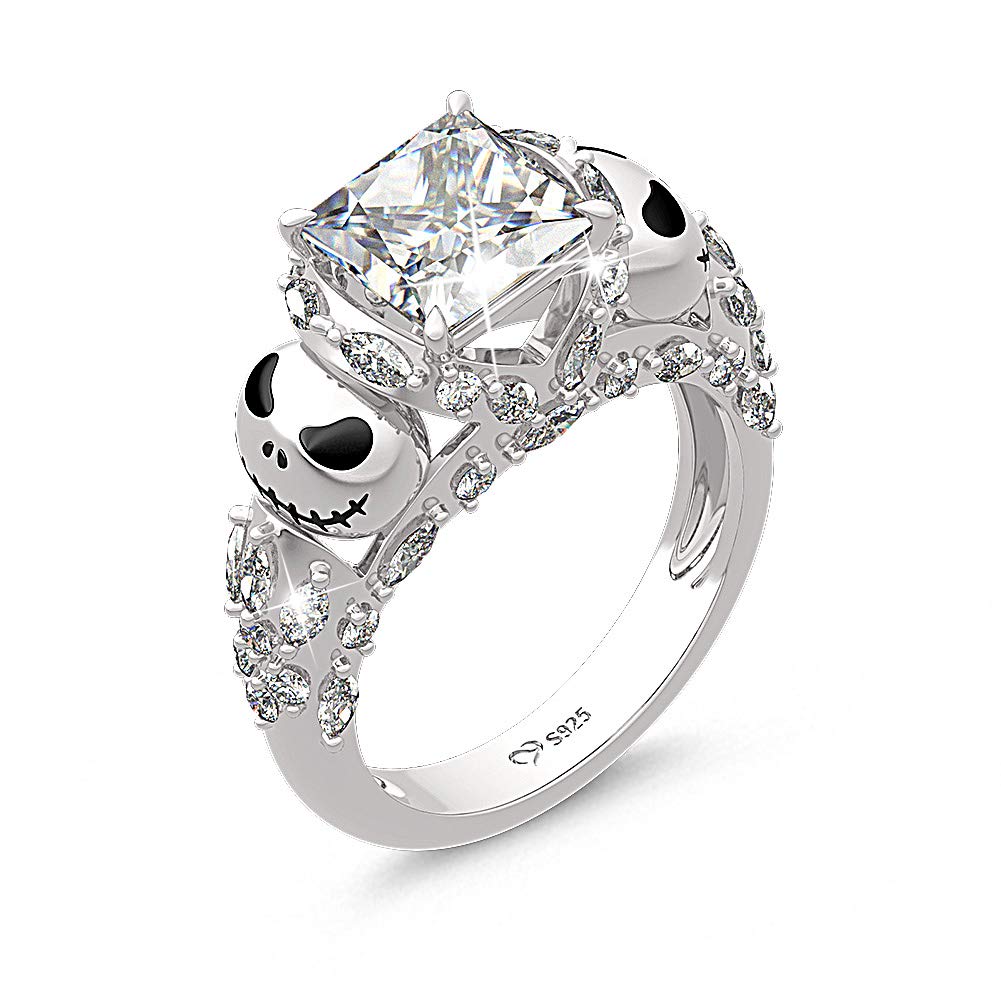Jeulia 925 Sterling Silver Jack Skull Ring for Women - Nightmare Before Christmas Inspired Princess Cut Band Ring - Romantic Anniversary & Christmas Gift for Her - Perfect for Halloween, Cosplay, and Gothic Fashion
