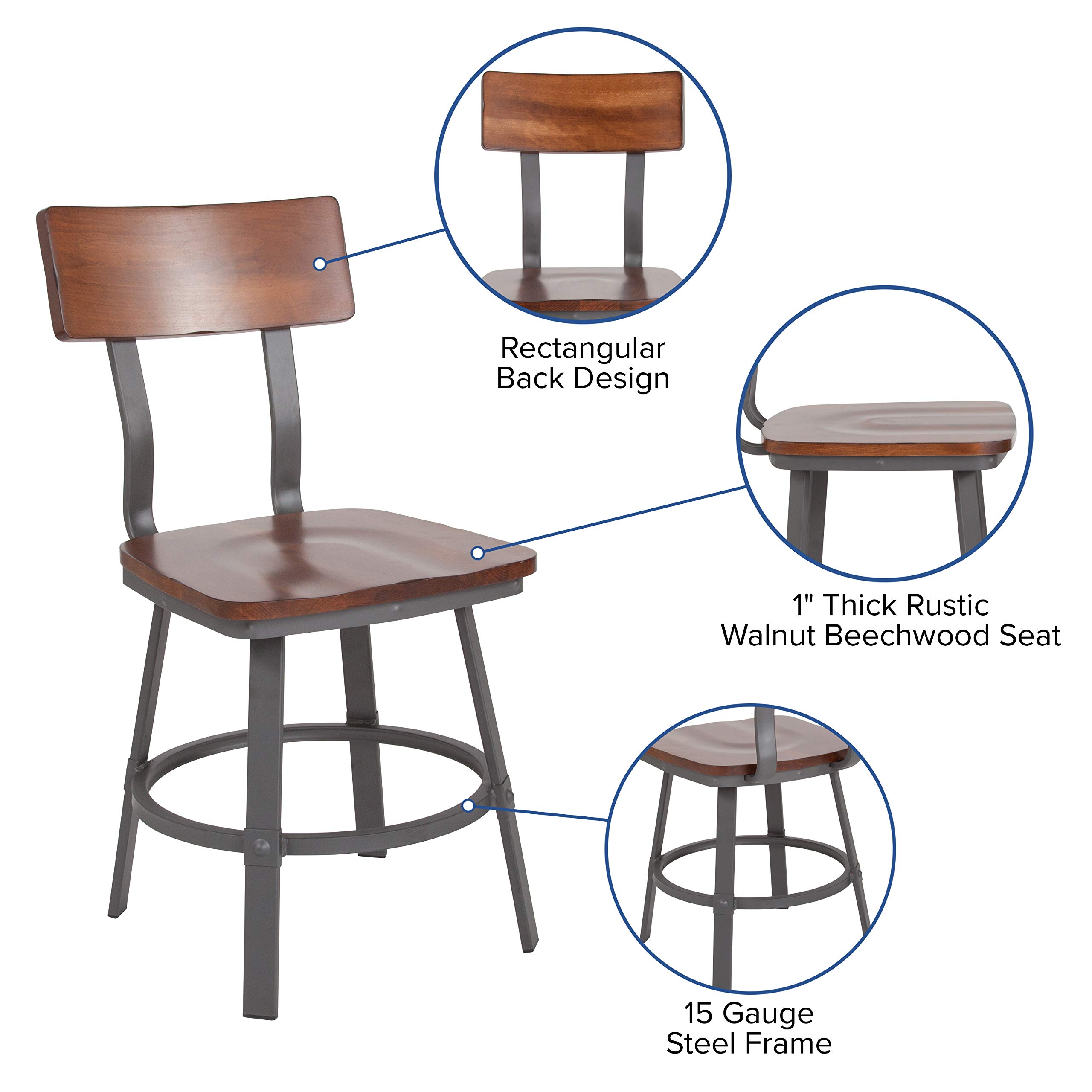 EMMA + OLIVER Rustic Walnut Dining Chair with Wood Back & Seat, Gray Metal Frame - Perfect for Farmhouse Kitchen, Dining Room & Restaurant Decor