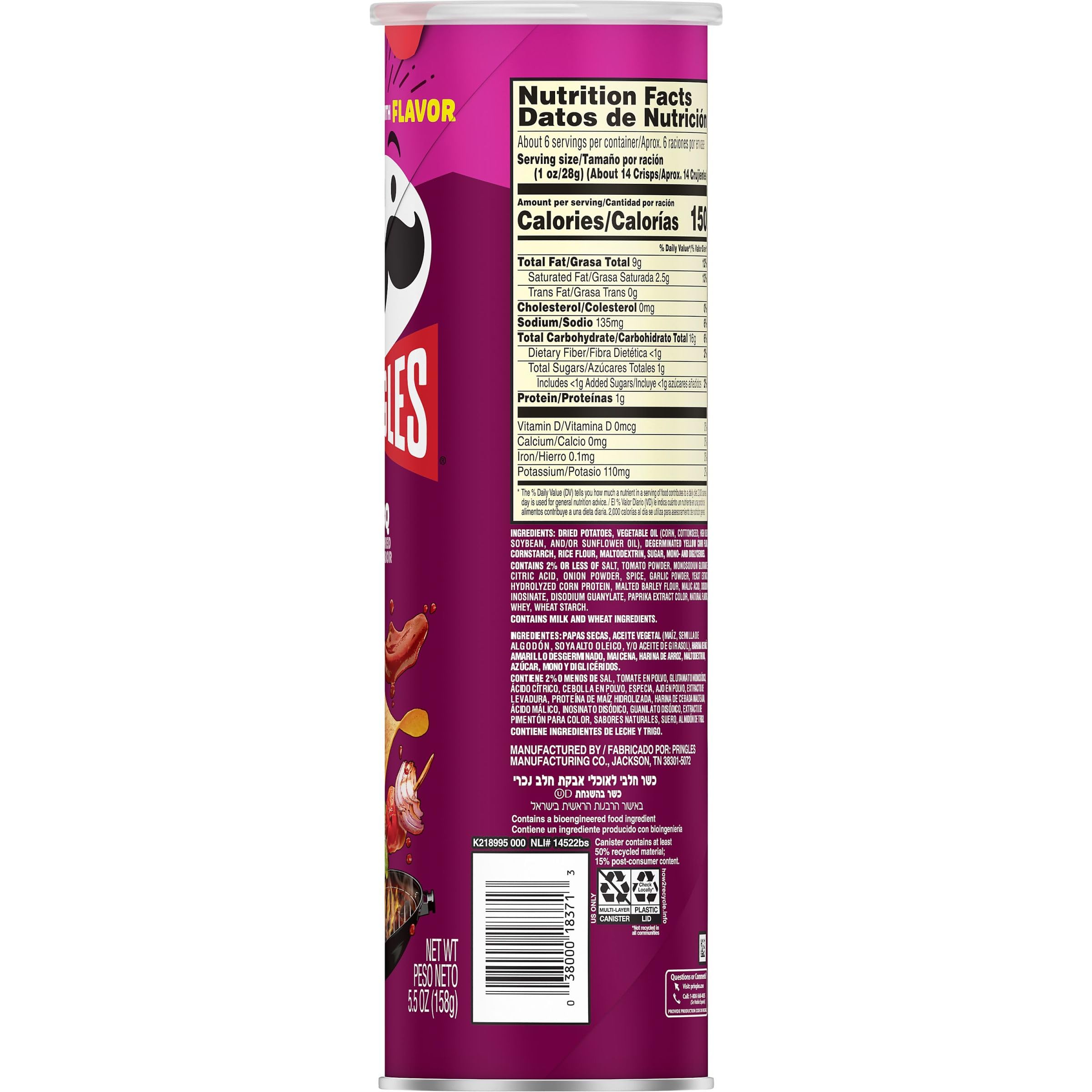 Pringles BBQ Flavored Potato Crisps - 5.5oz Can (Pack of 1) | Crunchy Lunch Snacks, On-The-Go Treats for Work, School & Road Trips