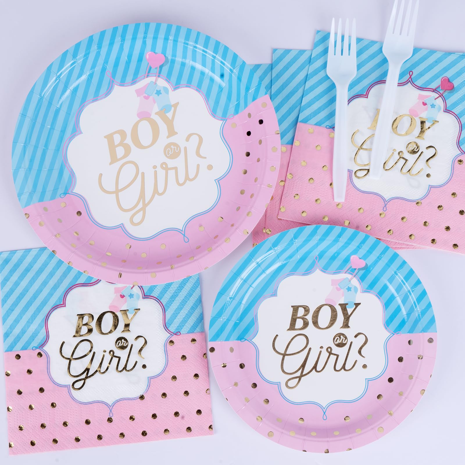 DECORLIFE Gender Reveal Party Plates Set for 24 Guests - Includes 96PCS of Plates, Napkins & Forks - Perfect for Baby Shower, Gender Reveal Celebrations & Special Occasions - Blue & Pink Theme Party Supplies