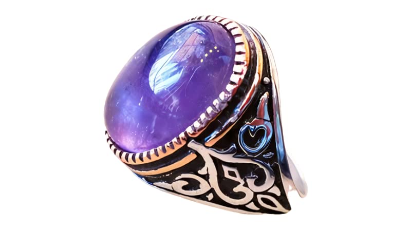 Natural Amethyst Men's Ring - 925 Sterling Silver Birthstone Jewelry for February | Arabic Ottoman Style Signet Ring for Men | Heavy Duty Birthday Gift, Christmas Present & Turkish Inspired Fashion Accessory | Perfect for Weddings, Anniversaries and Special Occasions