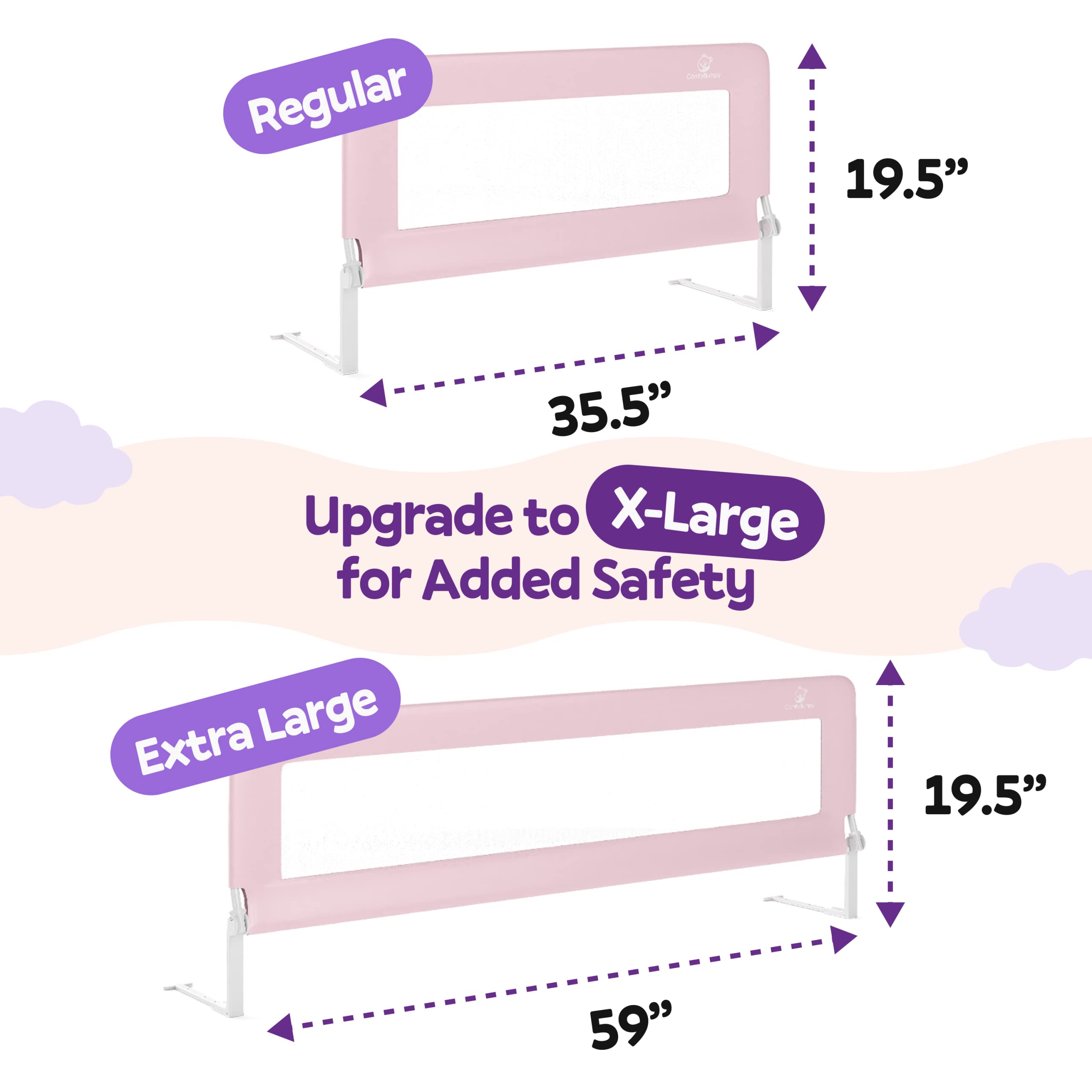 ComfyBumpy Adjustable Toddler Bed Rail Guard for Kids - Safety Bed Rails for Twin, Full, Queen & King Size Beds | Swing Down Baby Bed Side Rail - Pink, Regular (35.5