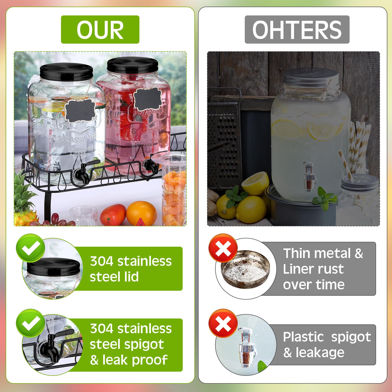 Lallisa 3-Piece 2-Gallon Glass Beverage Dispenser with Stand, Lid & Stainless Steel Spigot - Mason Jar Drink Dispenser with Hanging Chalkboard Signs, Fruit Infuser & Ice Cylinder - Perfect for Parties, Weddings, BBQs & Home Bars (Black)