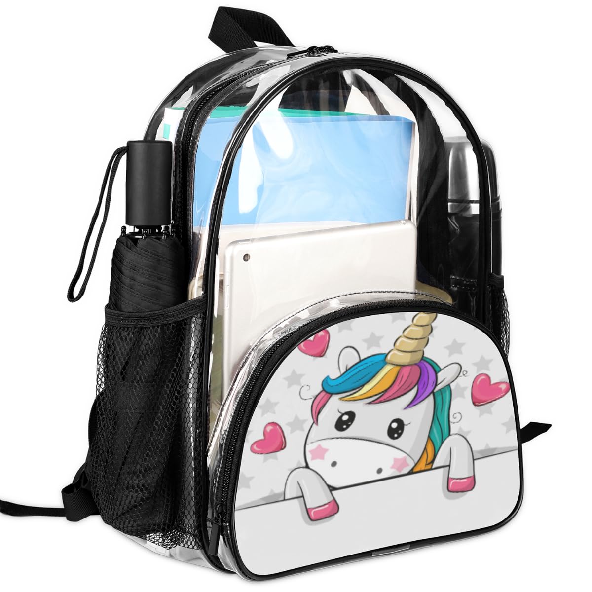Clear Mini Backpack - Cute Animal Unicorn Heart Design, Heavy Duty PVC Transparent Backpack with Reinforced Straps | Perfect for Work, School, Security Checks, Travel & Beach Day Trips