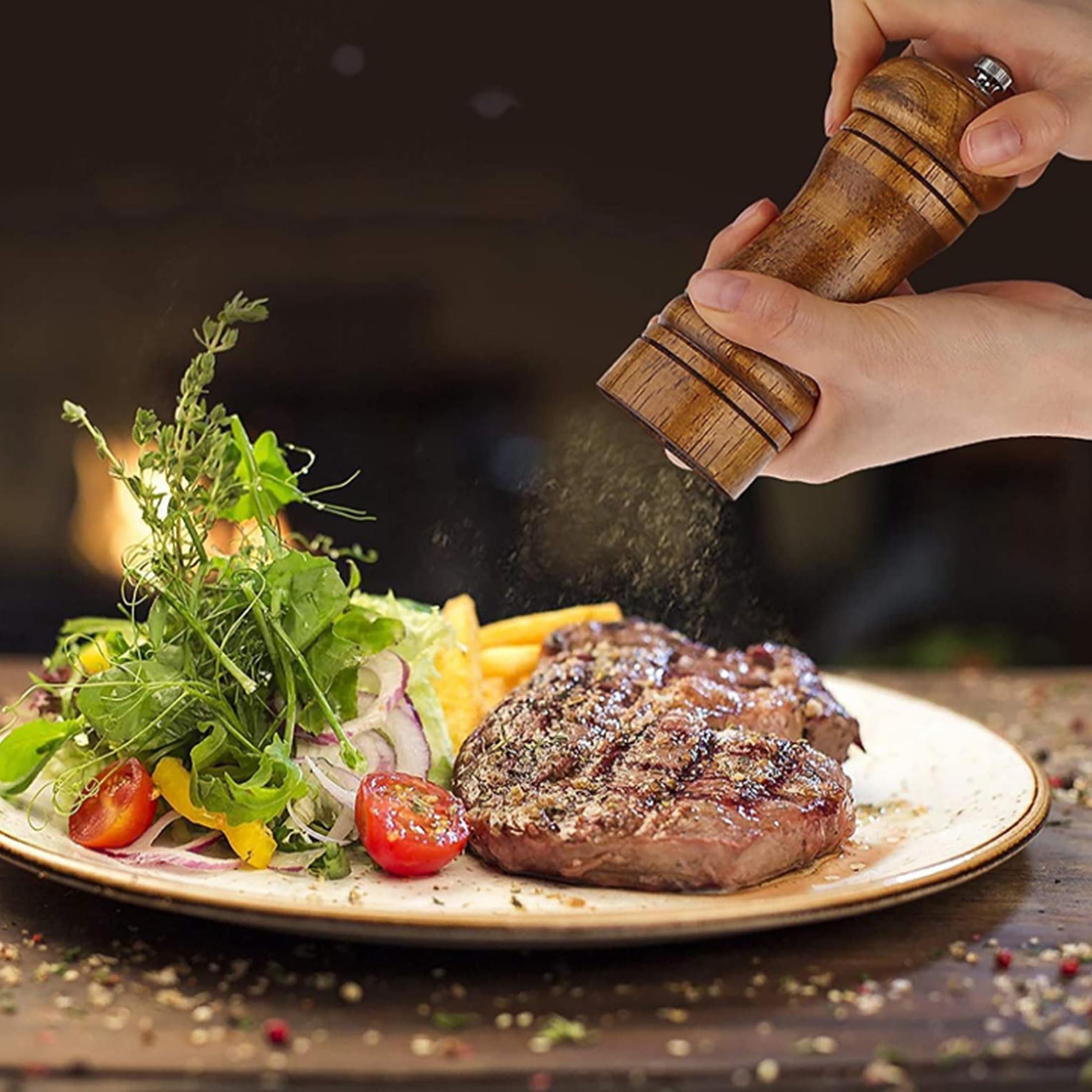 Premium Wooden Salt and Pepper Grinder Set - 2 Pack Adjustable Manual Spice Mill with Ceramic Stainless Steel Core - 5 Inch Refillable Shakers for Kitchen, Dining Table & Outdoor Cooking - Perfect for Home Chefs & Gourmet Cooking