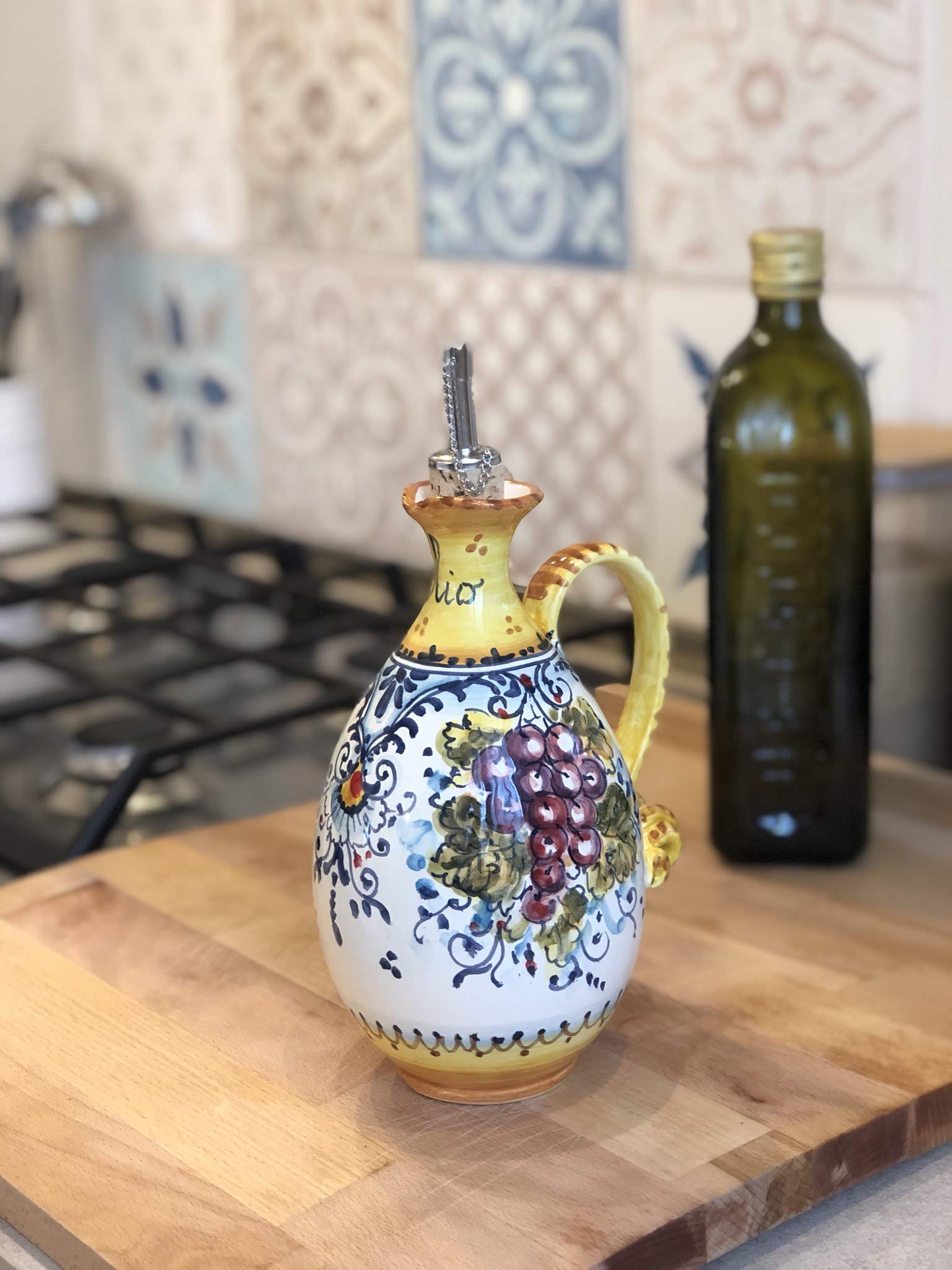 Hand-Painted Italian Ceramic Oil Cruet Dispenser - Tuscan Montalcino Art Pottery - Made in Italy - Perfect for Kitchen, Dining Table & Gift Giving