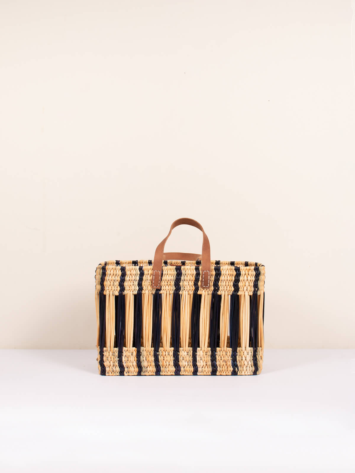 Handwoven Decorative Reed Basket with Indigo Stripes - Natural Storage Solution for Home, Office, and Gift Giving