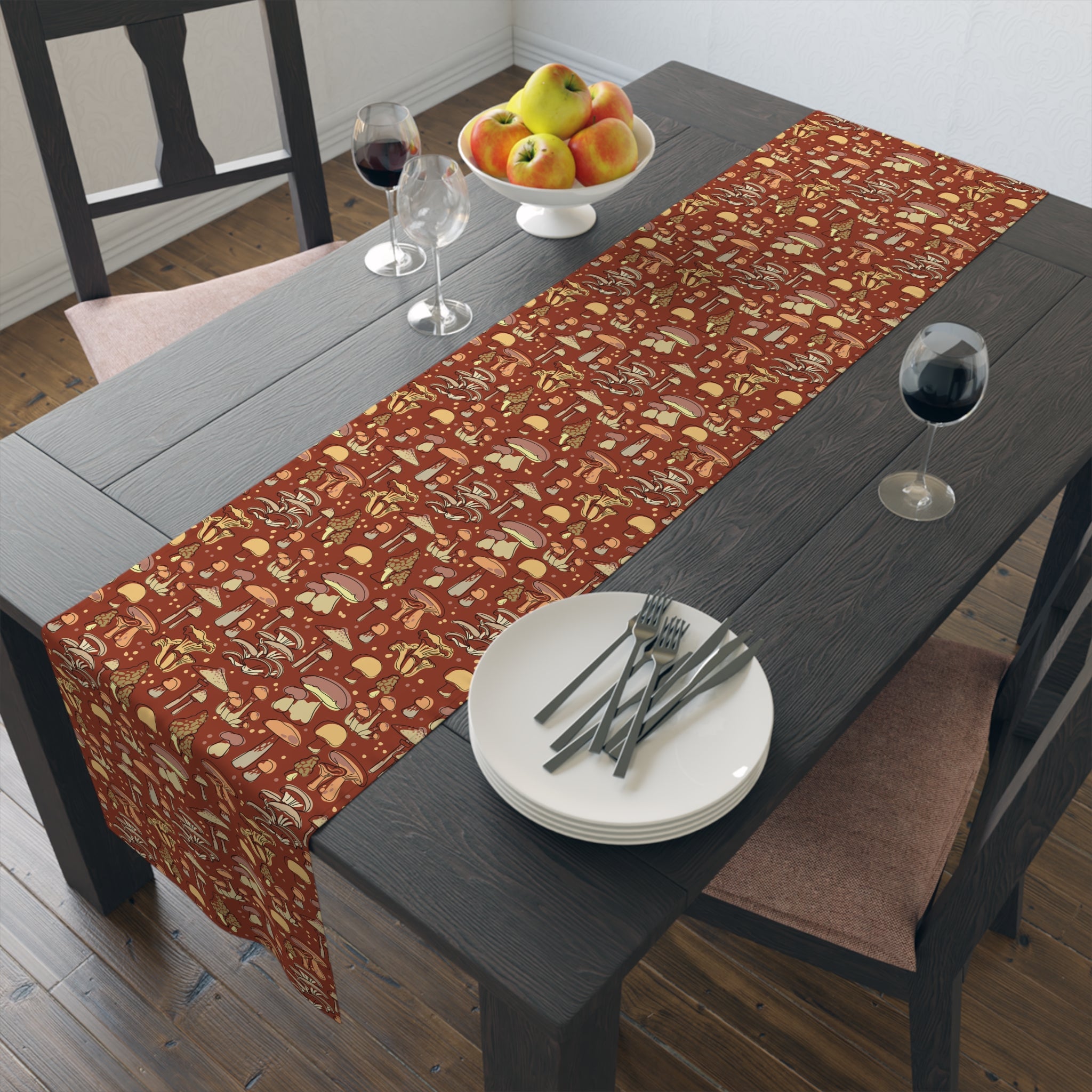 Stylish Cotton or Polyester Table Runner with Groovy Brown Mushroom Print - 2 Size Options for Dining & Kitchen Decor