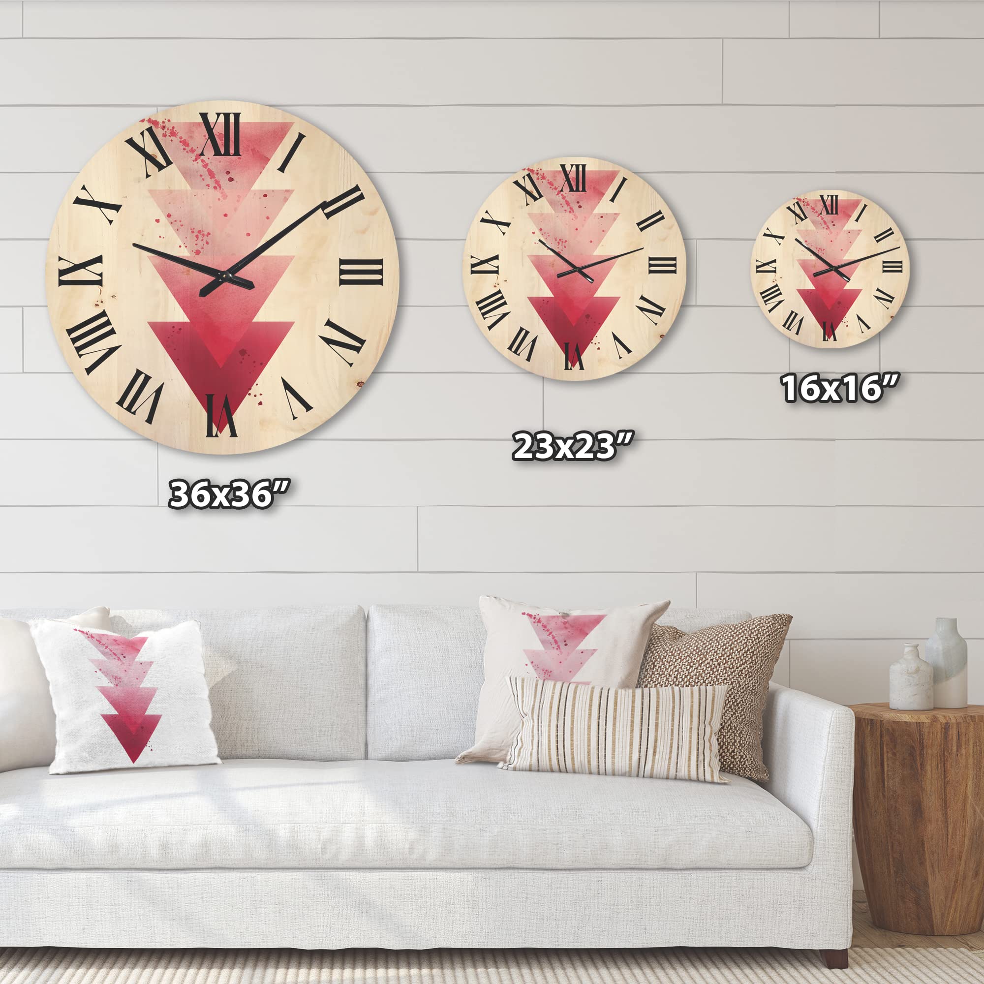 Abstract Geometric Art Red Triangles Wood Wall Clock - Large Modern Decorative Wall Clock with Fractal Design for Living Room, Bedroom & Office Décor | Perfect for Home & Office Spaces