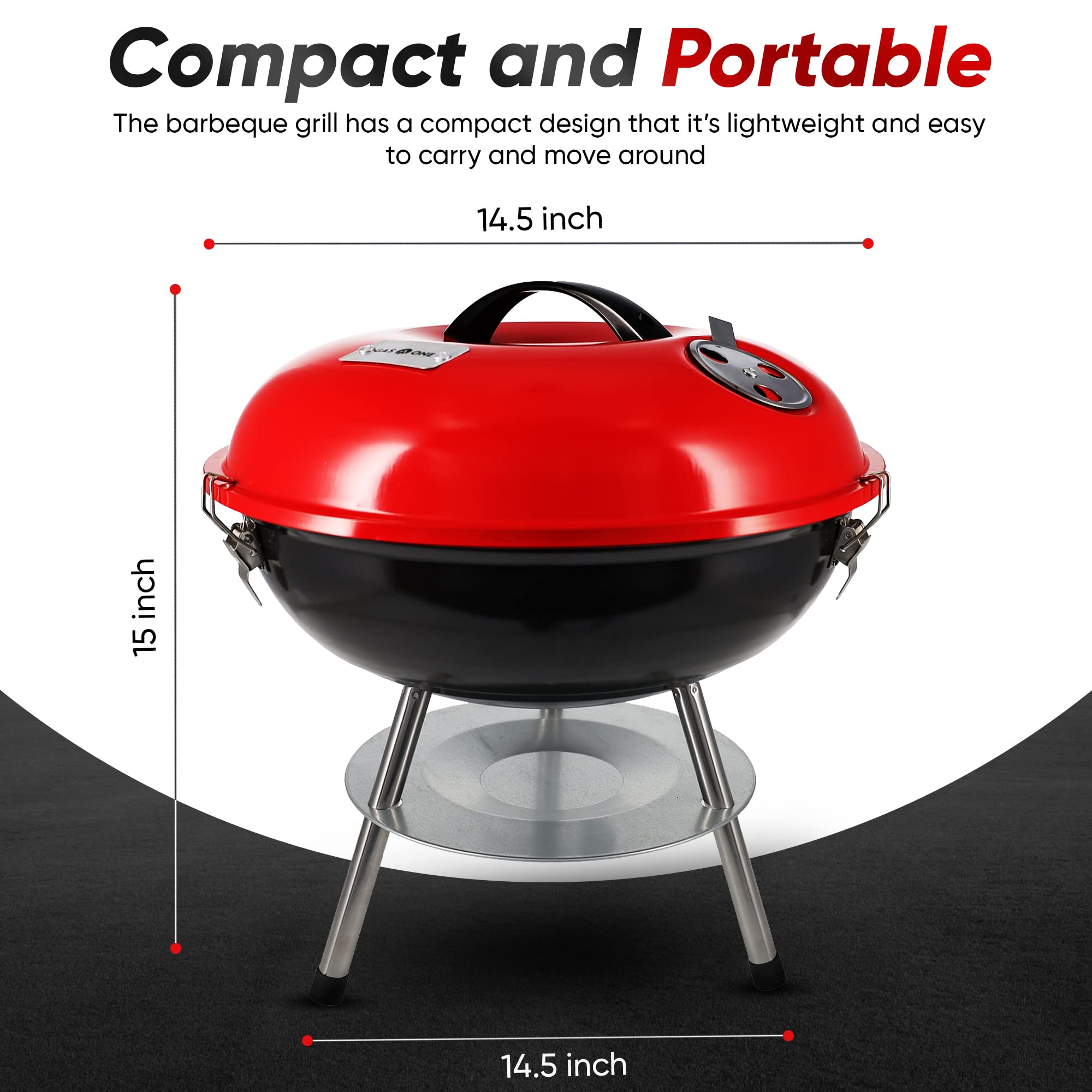 Gas One 14-Inch Portable Charcoal Grill - Compact BBQ with 3-Point Locking Lid & Dual Venting System for Even Heat - Perfect for Backyard, Camping, Boating & Outdoor Cooking Adventures