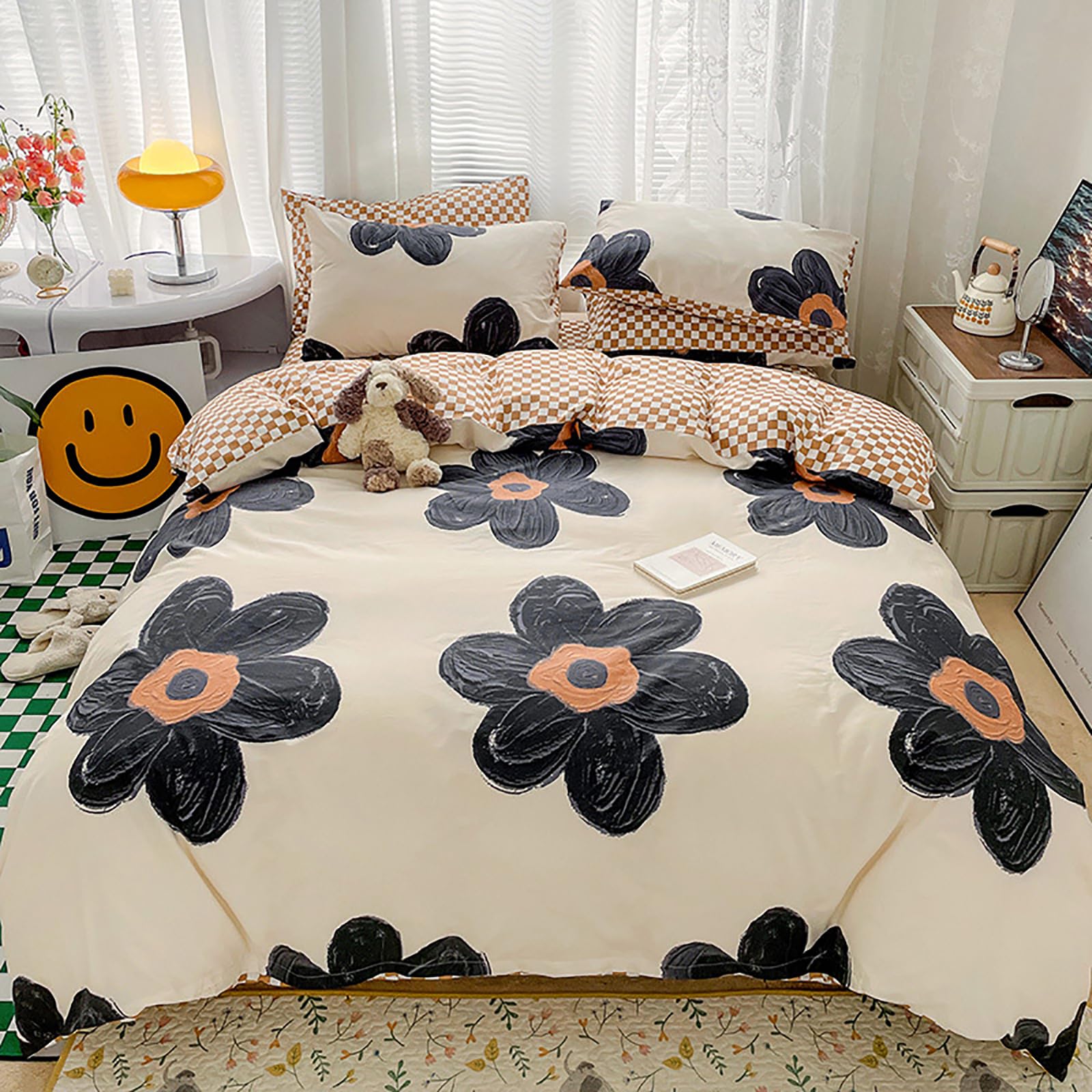 Black and White Floral Comforter Set Twin Size - Modern Boho Chic Cotton Bedding with 2 Pillowcases | Breathable Lightweight Quilt Blanket for Girls' Room, Guest Bedroom & Dorm Decor