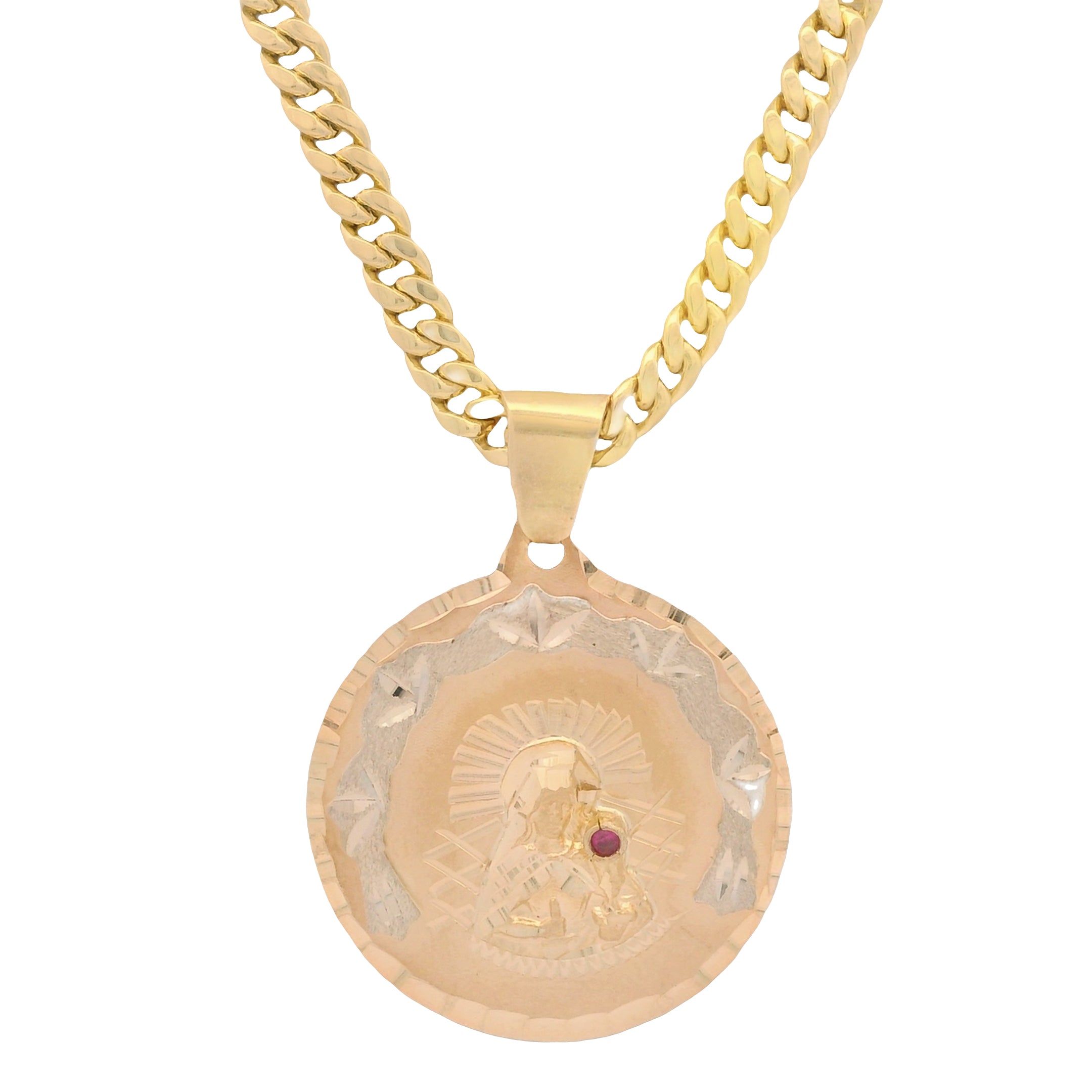 14K Gold Virgin Mary Pendant with Miami Cuban Chain (3.8mm, 26 Inches) - Religious Jewelry for Women & Men - Perfect for Gifts, Baptism, First Communion & Everyday Wear