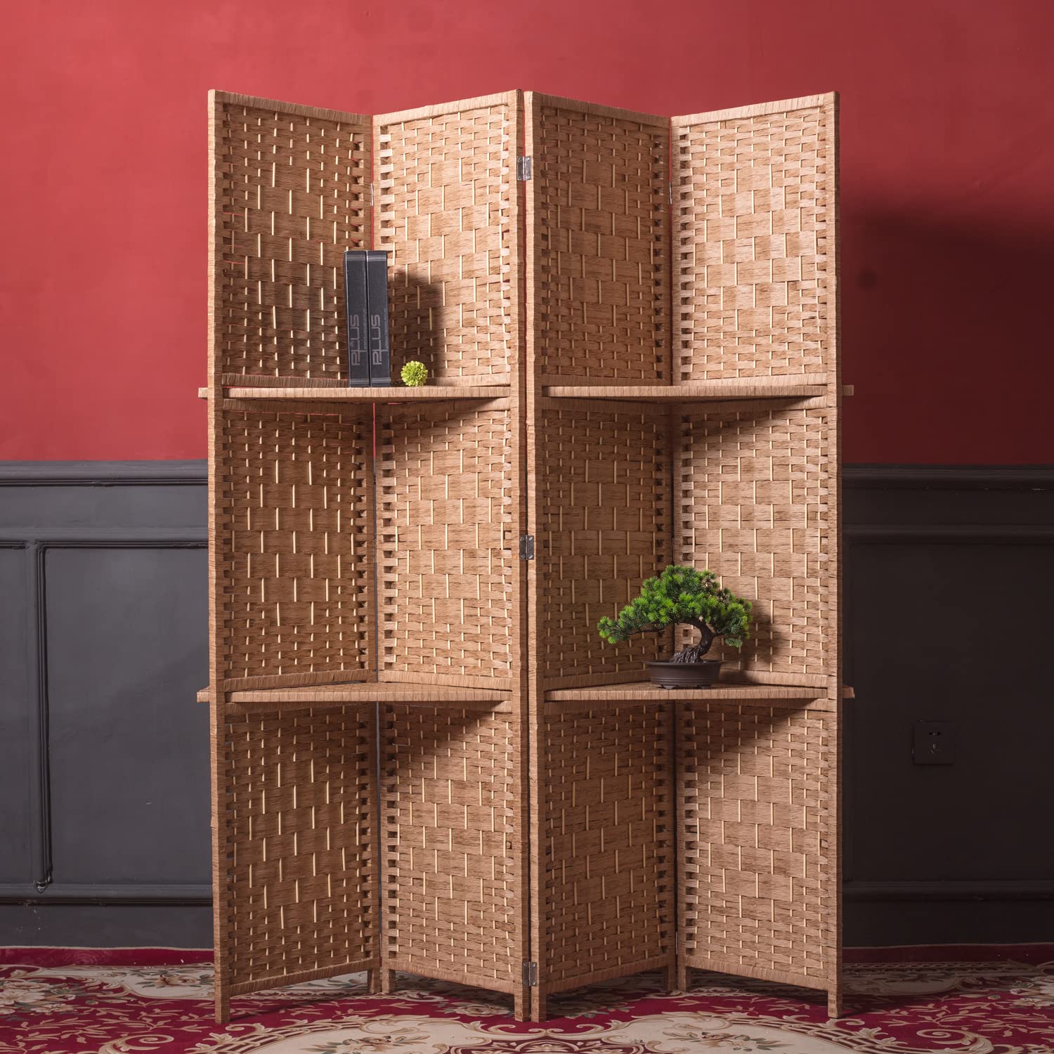 4 Panel Folding Room Divider with Removable Storage Shelves - Light Brown Privacy Screen 67