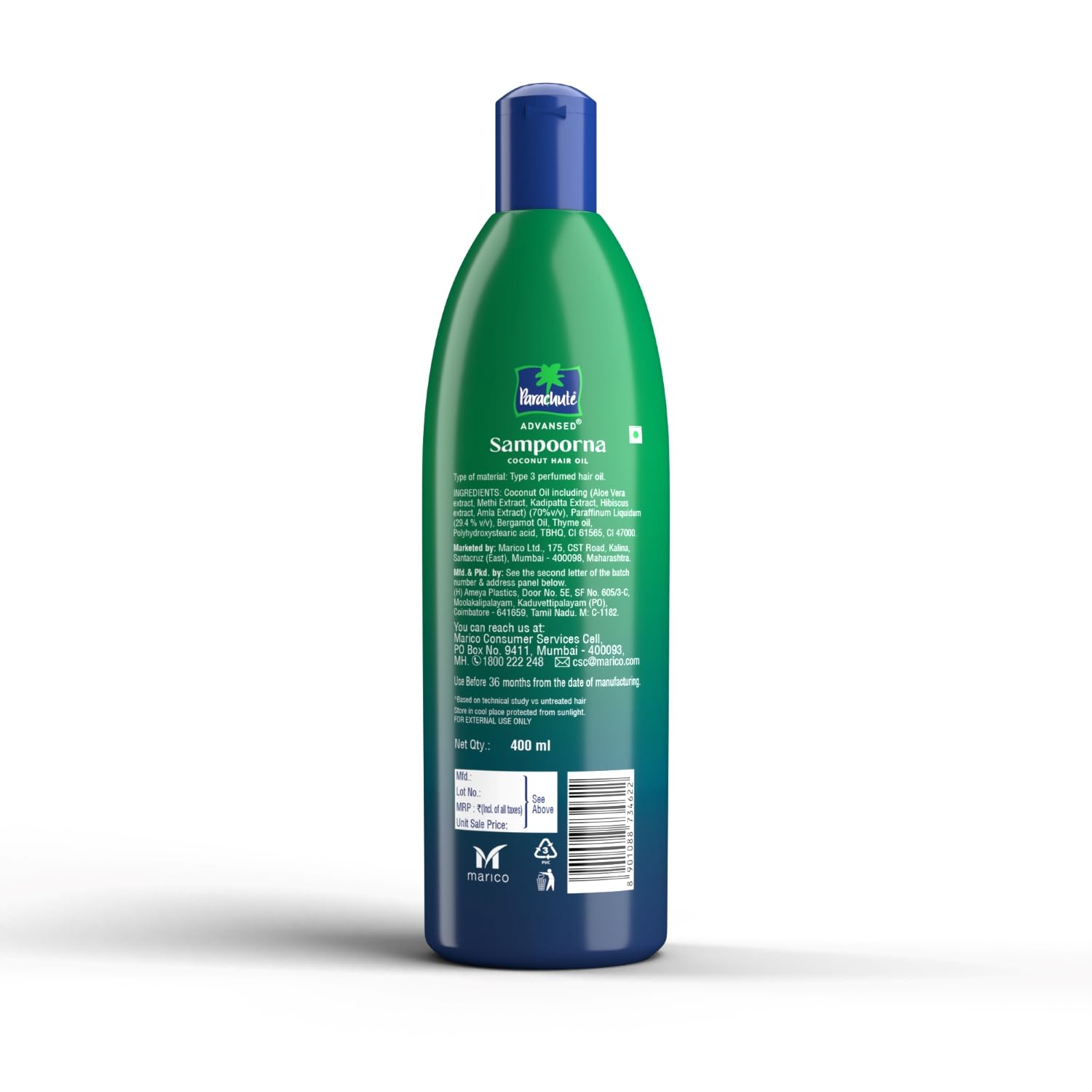 Parachute Advansed Sampoorna Coconut Hair Oil with 5 Herbs (Hibiscus, Curry Leaves, Fenugreek, Amla & Aloe) - 400ml for Long, Thick & Black Hair Growth - Perfect for Daily Hair Care & Scalp Massage