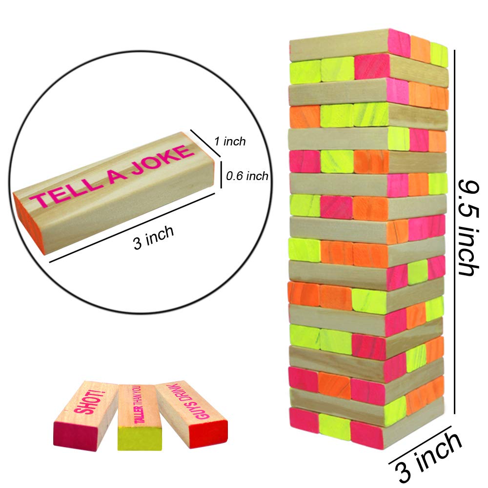 Glow in the Dark Drinking Jenga Game for Adults - 54 Black Light Reactive Blocks with Fun Drinking Challenges | Perfect for Night Parties, Bachelorette & Bachelor Events, College Gatherings & Bar Games