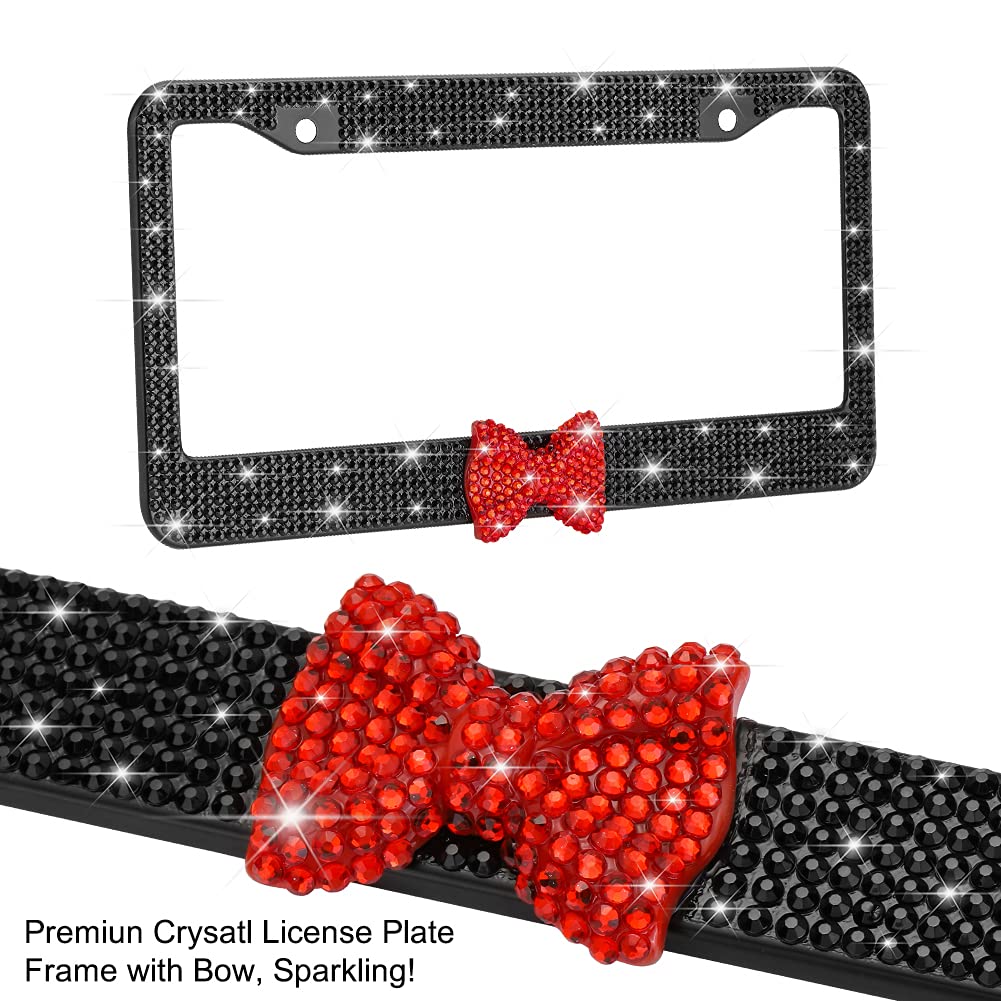 OTOSTAR 1 Pack Bling License Plate Frame with Ribbon Bow - Handcrafted Shiny Rhinestones Premium Stainless Steel 2 Hole License Plate Holder with Anti-Theft Screw Caps Set (Black/Red Bowtie) - Perfect for Car Decoration, Gift Giving & Customizing Your Vehicle