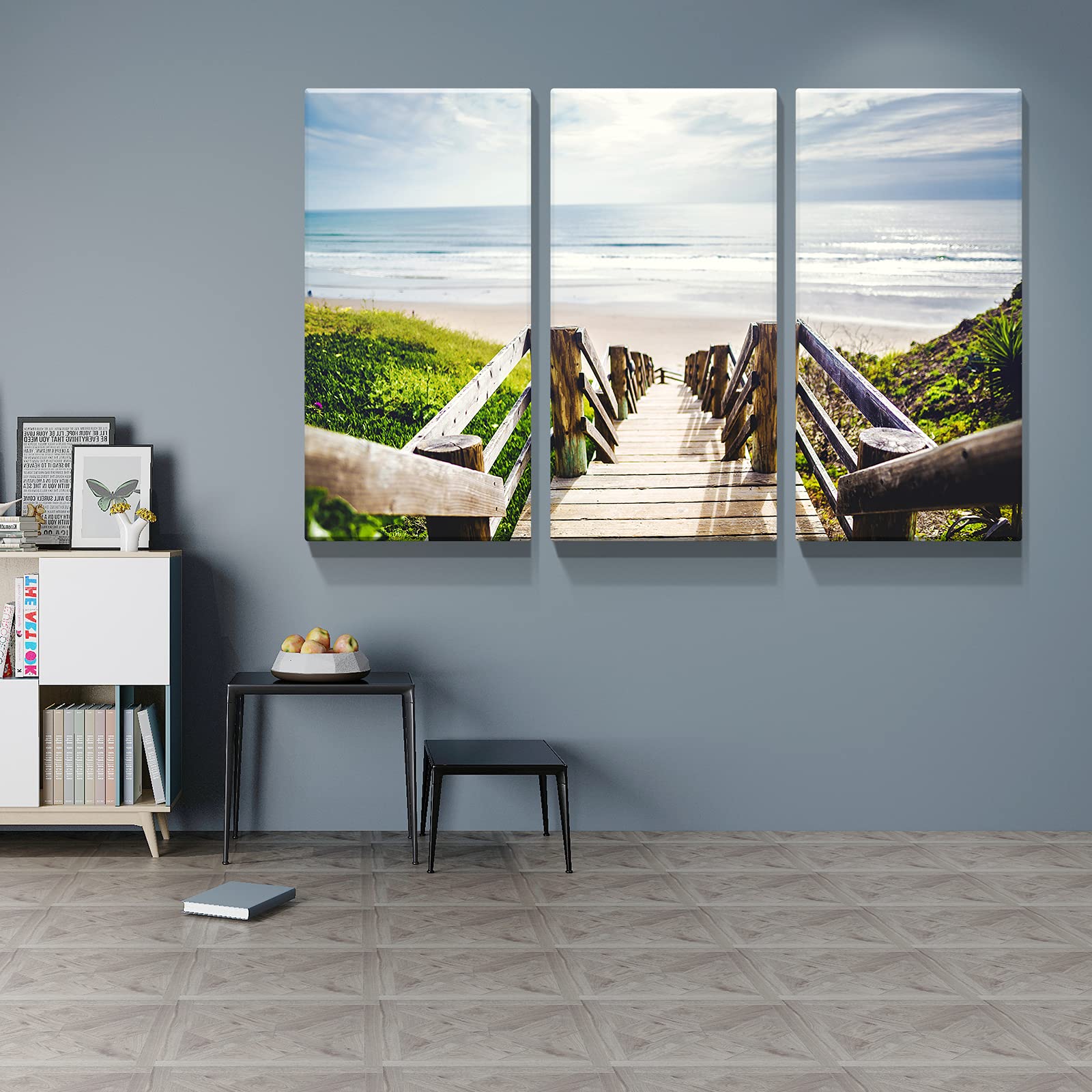 Denozer 3-Panel Beach Wooden Bridge Boardwalk Stair Wall Art - Stretched Canvas Painting for Home & Office Decor (16
