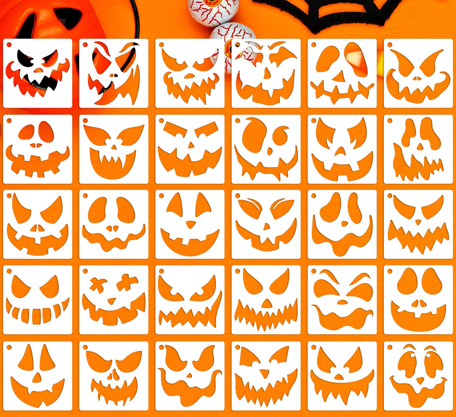 Halloween Pumpkin Face Stencils - 3 Inch Reusable Jack O Lantern Carving Templates for Painting on Wood - Perfect for DIY Halloween Decorations, Party Supplies & Pumpkin Carving