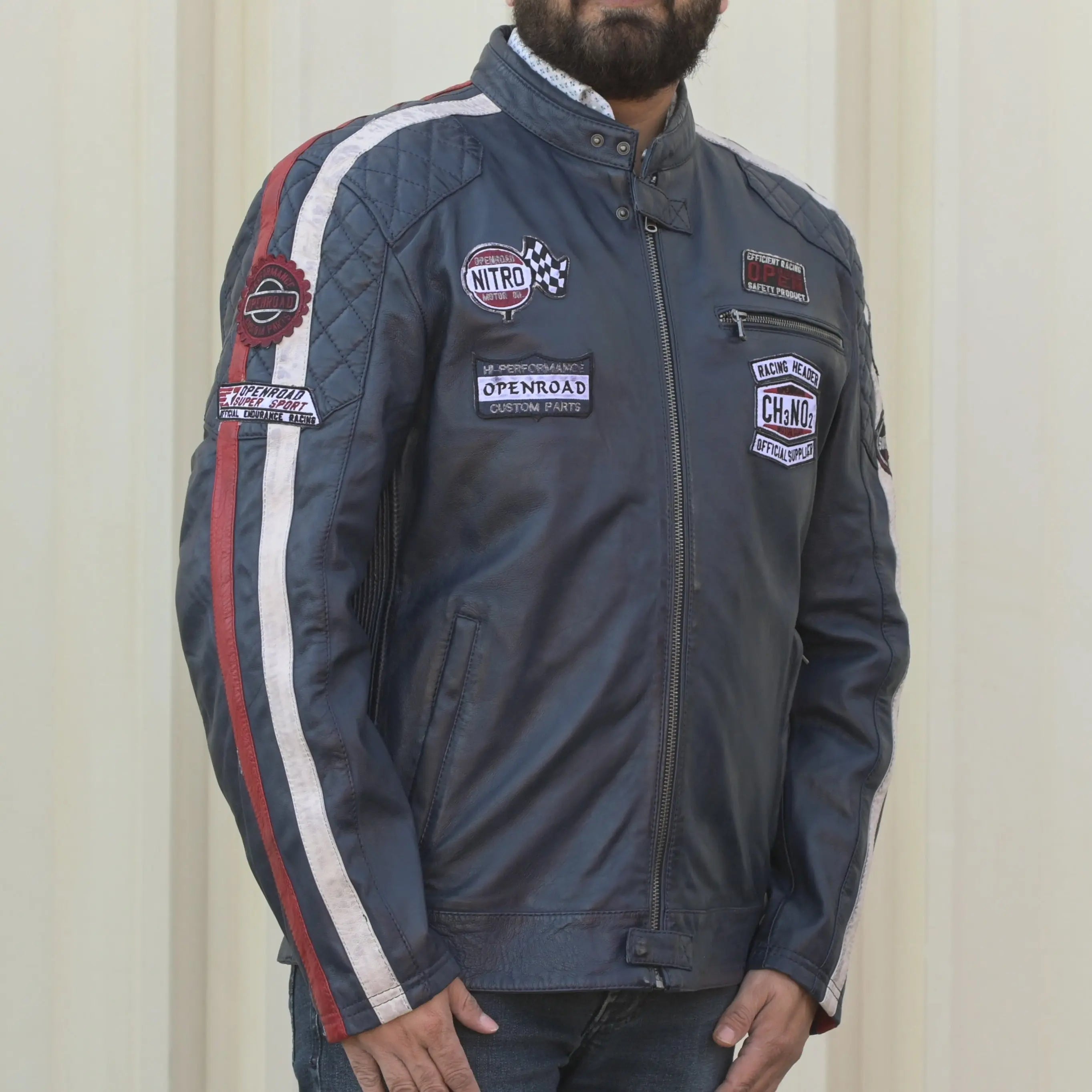 Men's Vintage Racer Jacket with Embroidered Patches & Striped Details - Perfect for Motorcycle Riding, Casual Outfits & Streetwear Fashion