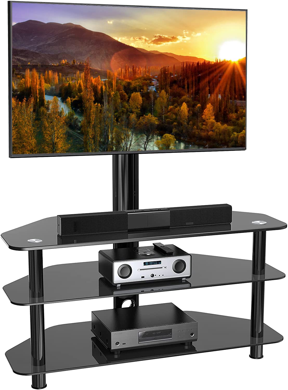 Swivel Corner Floor TV Stand with Mount for 32-65 Inch Flat & Curved Screens - Adjustable 3-Tier Tempered Glass TV Stand with Cable Management, Max VESA 600x400mm - Perfect for Living Room, Bedroom & Home Theater Setup