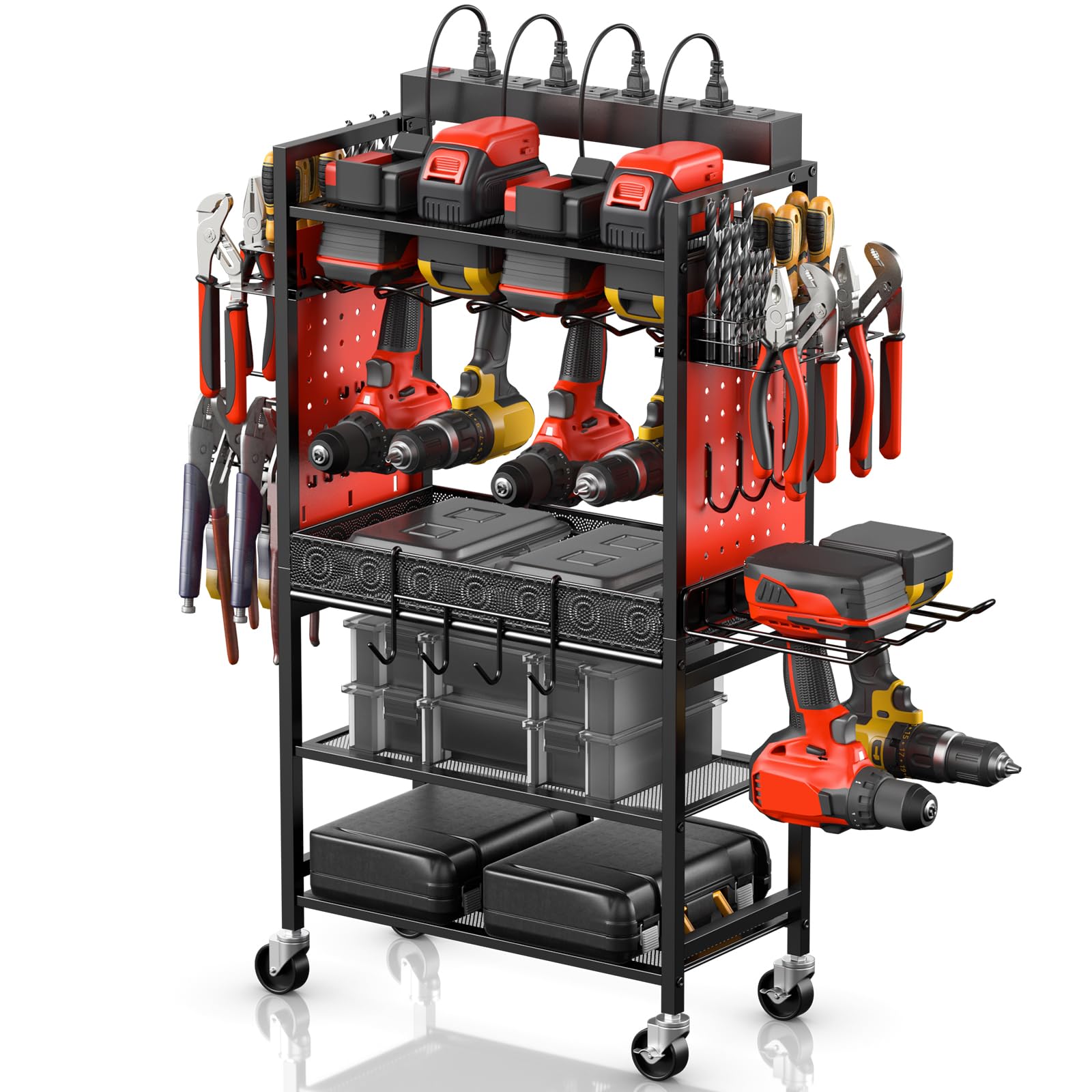CCCEI Rolling Tool Cart with Charging Station - Heavy Duty Mobile Garage Storage Organizer for Power Tools, Drills & Batteries - Perfect for Mechanics, DIY Enthusiasts & Workshop Organization (Red) - Ideal for Home Garage, Auto Repair Shops & Professional Workstations