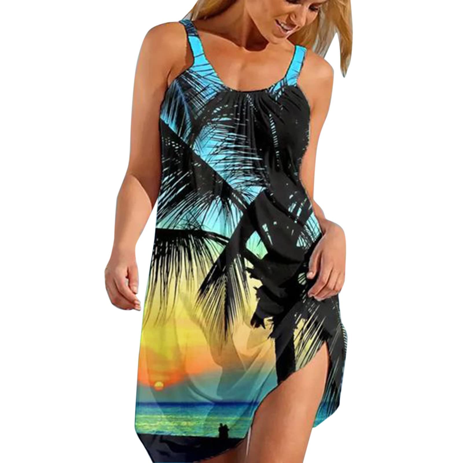 Sexy Hawaiian Tropical Print Sling Mini Dress for Women - Beach Dresses, Loose Comfy Boho Sundress, Stretchy Summer Swing Dress 2022 | Perfect for Beach Vacations, Pool Parties & Tropical Getaways