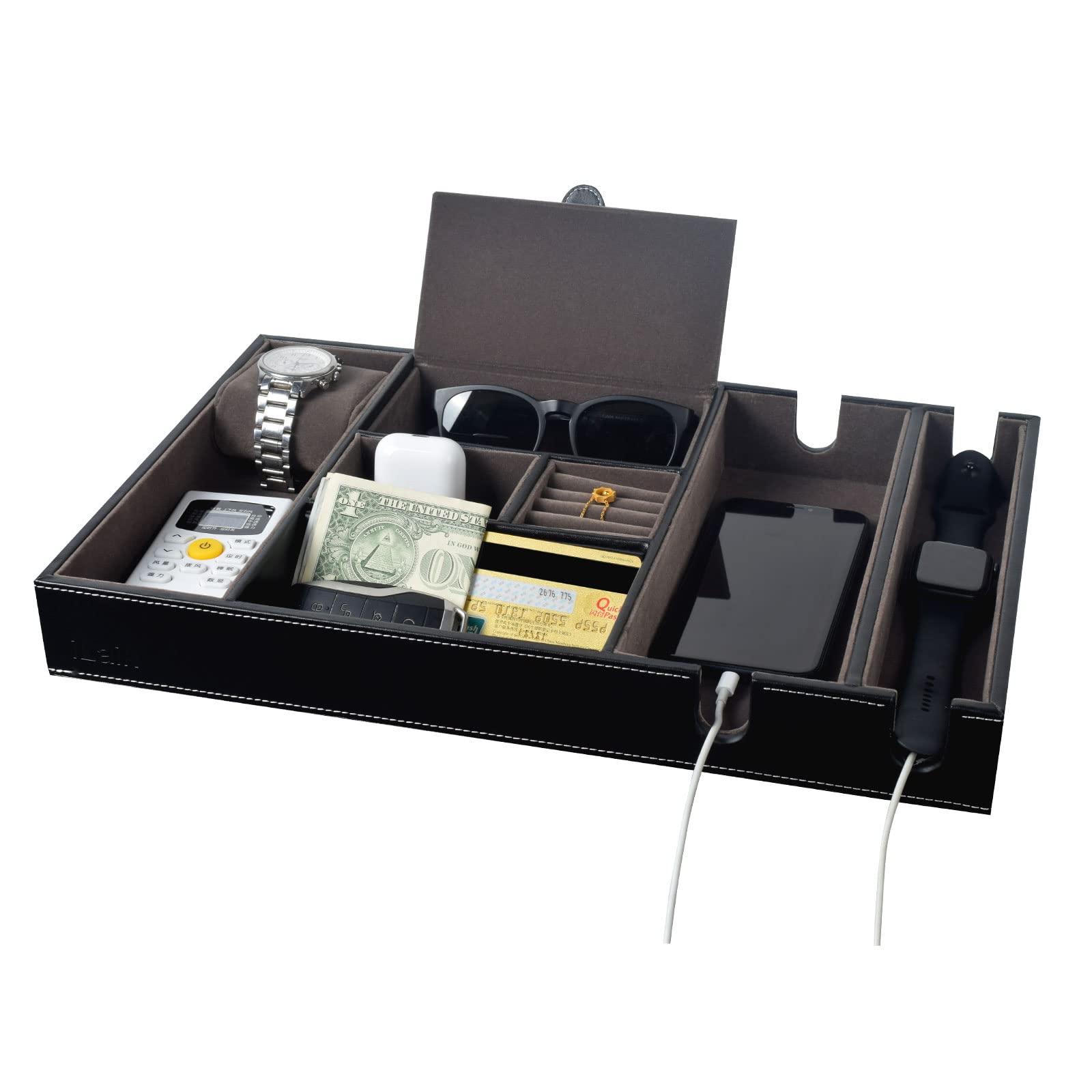 iLaik Valet Tray for Men - 7 Compartment Nightstand & Dresser Organizer for Phone, Keys, Watch, Smartwatch, Coins & Accessories - Premium Black Desktop Storage Solution for Home, Office & Travel Use