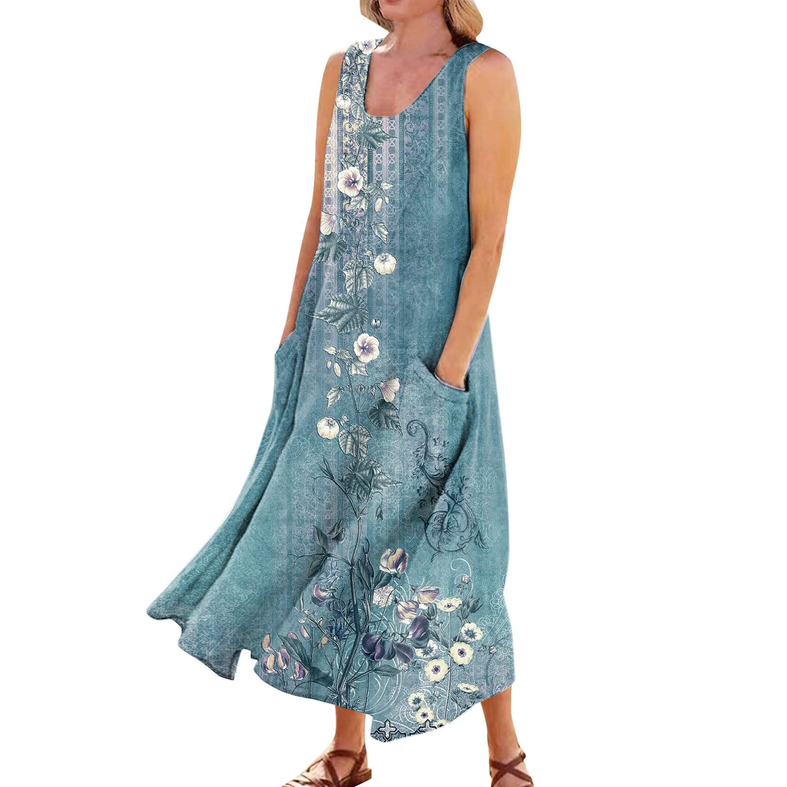 2024 Women's Summer Dresses - Casual Bohemian Solid Color Sleeveless Sundress | Cotton Linen Beach Vacation Dress with Pockets | Perfect for Pool Parties, Tropical Getaways & Summer Outings