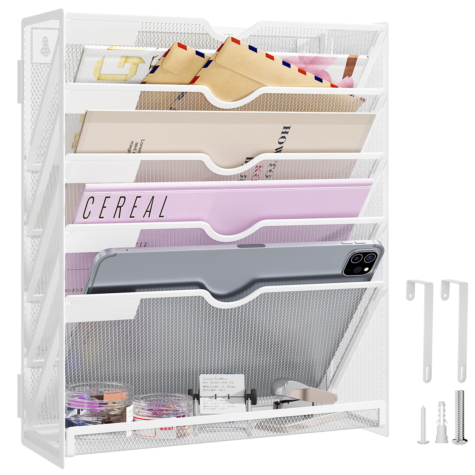 6-Tier Hanging File Organizer with Hooks - Wall Mount Mesh Magazine & Paper Folder Holder for Office, Home & School - Perfect for Organizing Mail, Documents & Office Supplies (White)