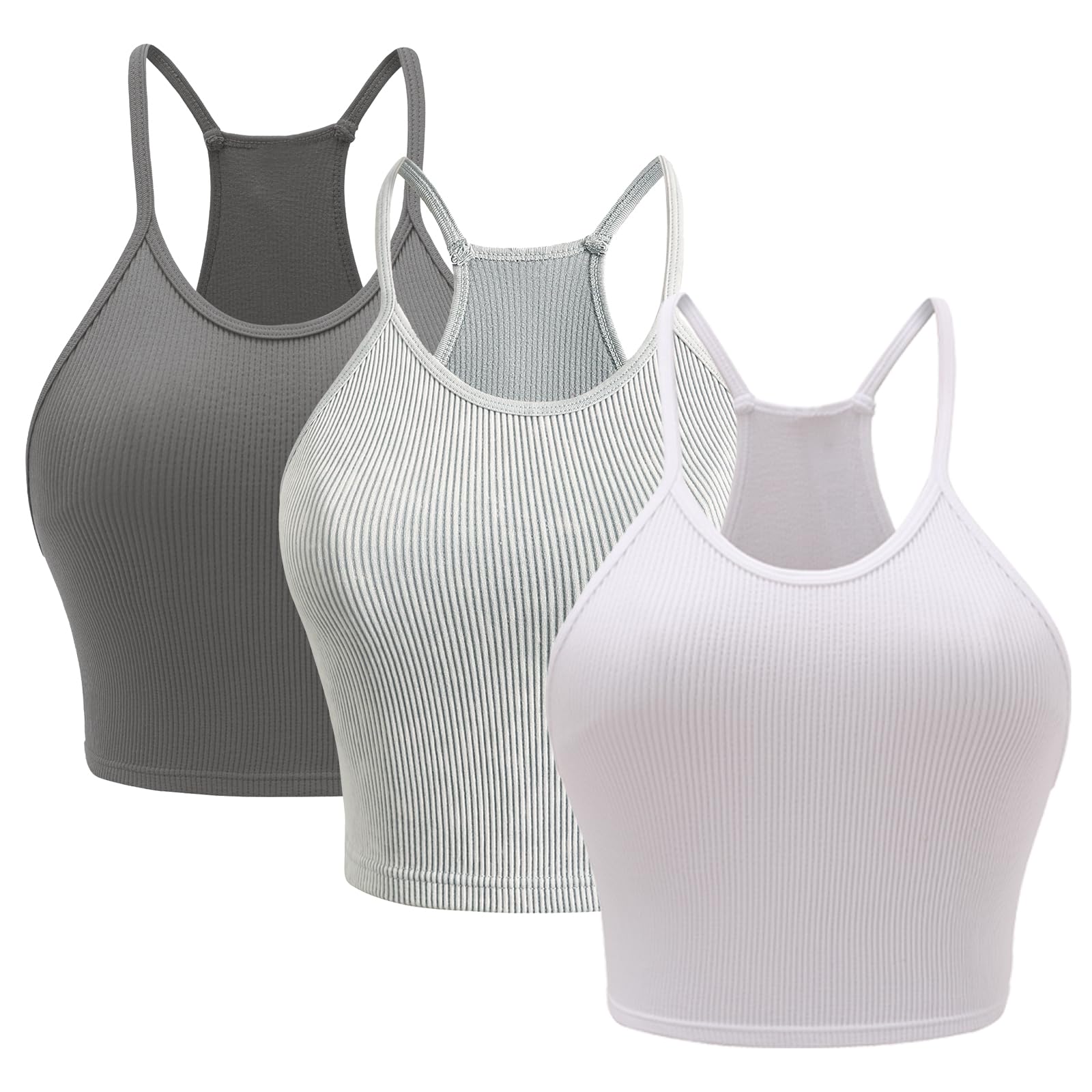 Attifall Women's Ribbed Crop Tank Top Pack - Seamless Racerback Spaghetti Strap Cami for Workout, Yoga & Casual Wear - 3-Piece Sports Bra & Cropped Top Set