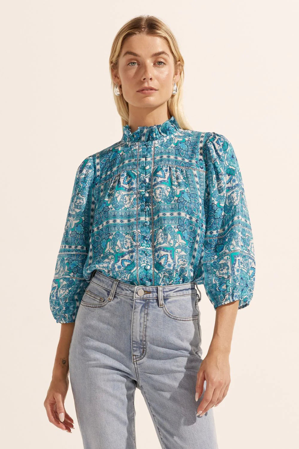 Zoe Kratzmann Wayfarer Top - Women's Fashion Blue Tile Print Blouse for Casual Wear, Office & Date Night Outfits