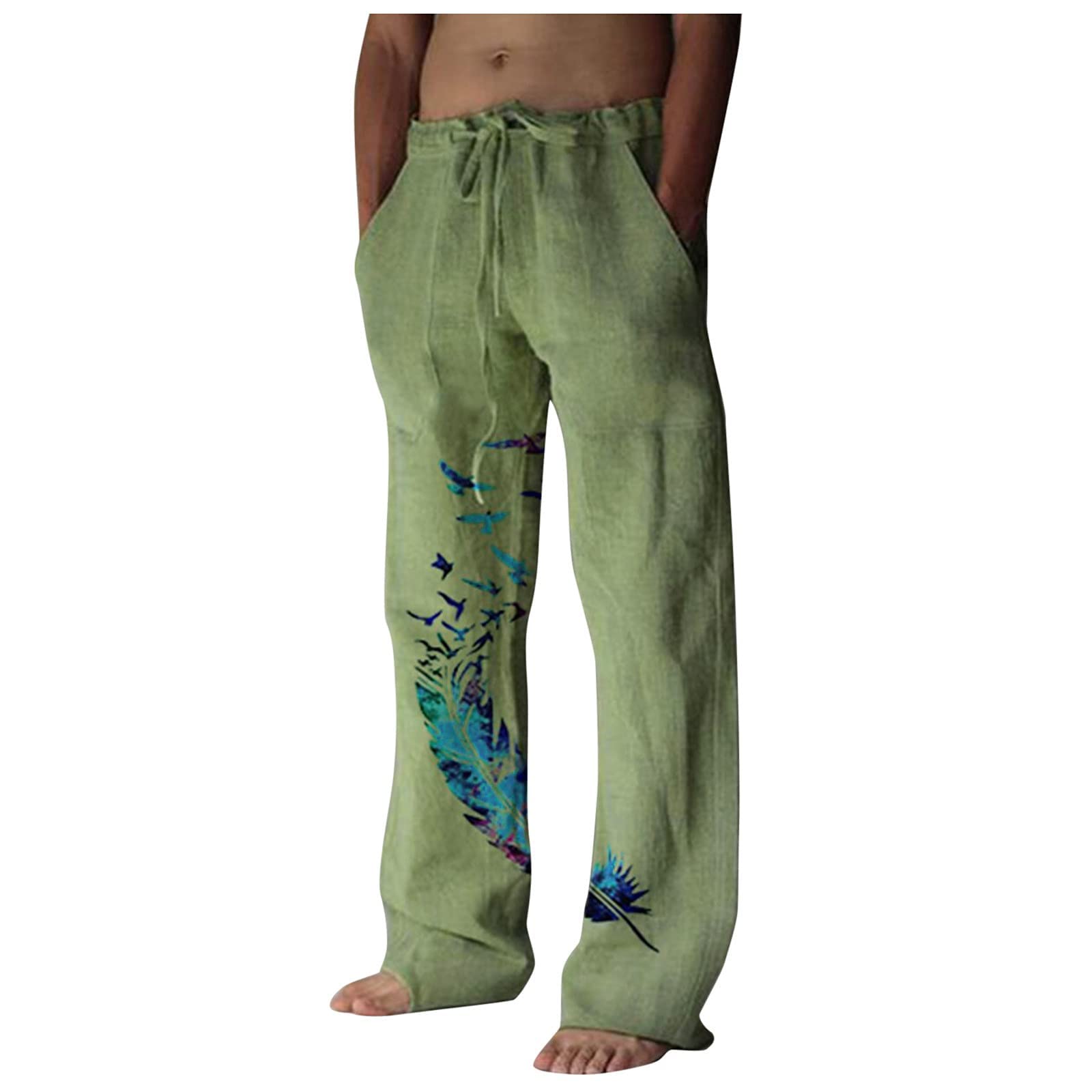 **Men's Bird Print Cotton Linen Pants - Casual Summer Wide Leg Yoga Pants for Plus Size - Comfortable & Breathable for Outdoor Activities, Travel & Lounge**