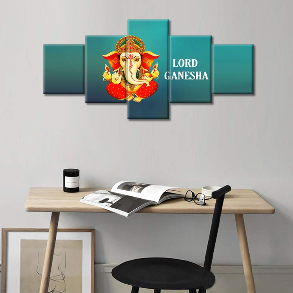 Lord Ganesha Wall Art Set - 5 Piece Hindu God Paintings for Living Room Decor, Modern Framed Canvas Prints, Wooden Gallery-Wrapped & Ready to Hang (50