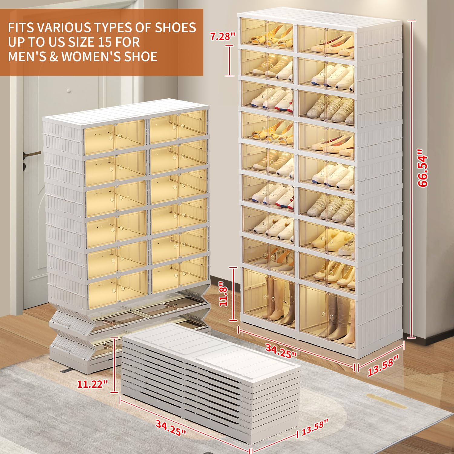 Foldable 9-Tier Shoe Rack Organizer for 18-36 Pairs - Space Saving Collapsible Clear Plastic Shoe Shelf for Closet, Entryway, or Front Door - Tall Stackable Folding Shoe Storage Cabinet - Perfect for Small Spaces, Apartments, and Dorm Rooms