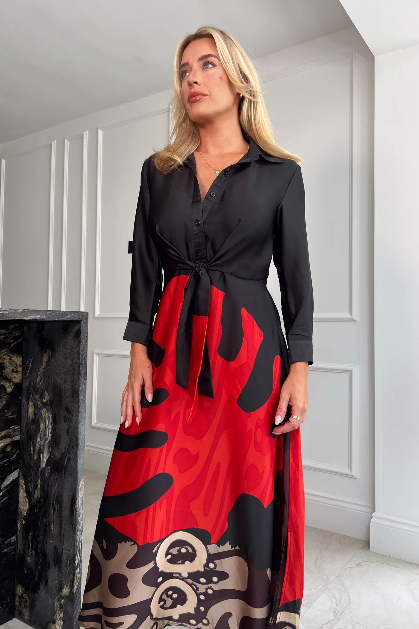 Isabella Red Leaf Tie Front Dress - Floral Print Summer Dress for Women, Perfect for Beach Vacations, Parties & Date Nights
