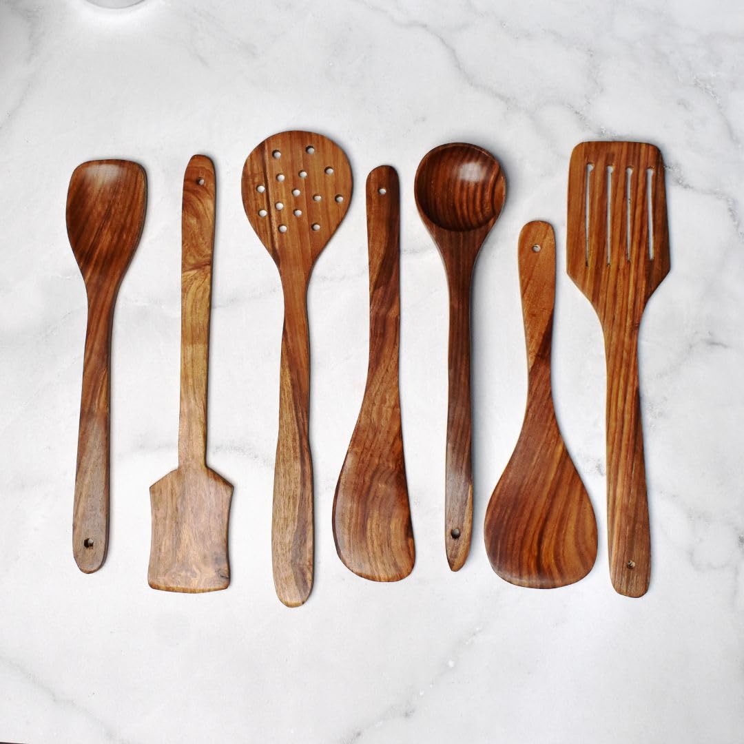 Natural Wooden Spoon Set for Cooking - 7-Piece Nonstick Kitchen Utensils with Frying Spatula, Serving & Rice Spoons (14 Inches) | Ideal for Chapati, Dessert, Nonstick Cookware & Everyday Cooking